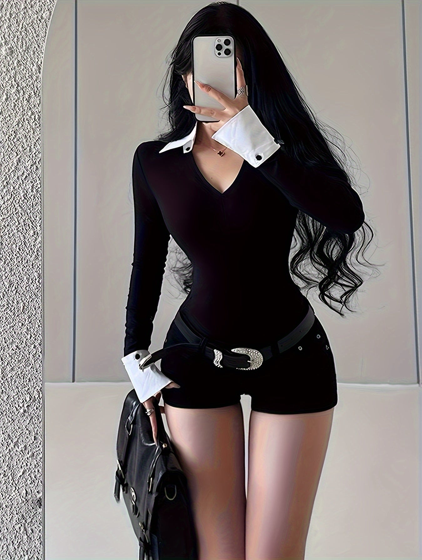 vlovelaw Color Block V Neck Skinny T-Shirt, Stylish Long Sleeve Splicing T-Shirt For Spring & Fall, Women's Clothing