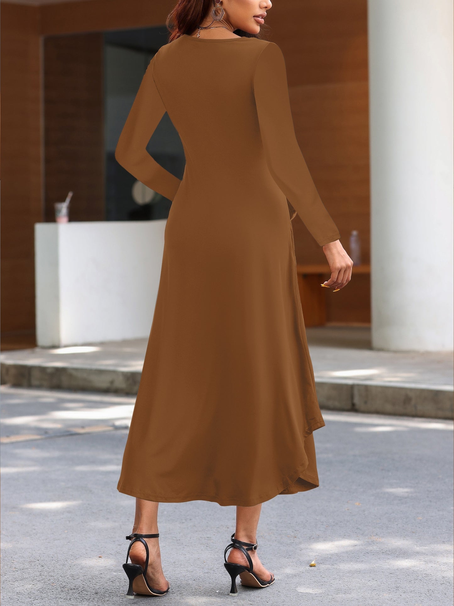 Solid Simple Maxi Dress, Casual Crew Neck Long Sleeve Dress, Women's Clothing