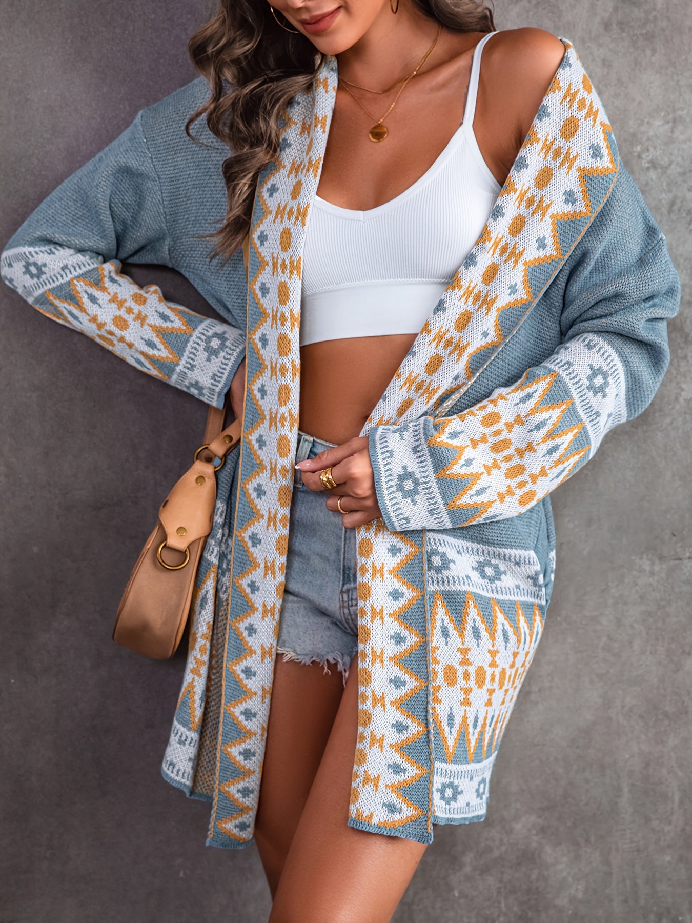 Aztec Print Knit Cardigan, Vintage Open Front Long Sleeve Sweater, Women's Clothing