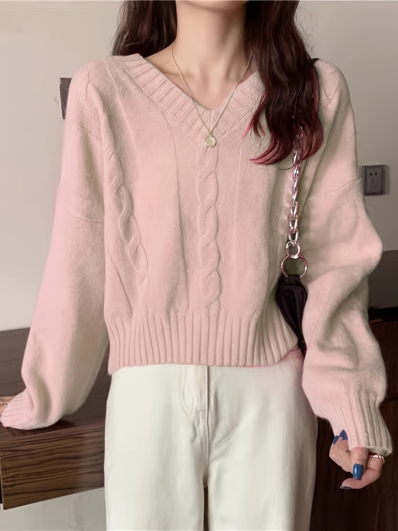 vlovelaw Solid V Neck Cable Knit Sweater, Casual Long Sleeve Pullover Sweater, Women's Clothing