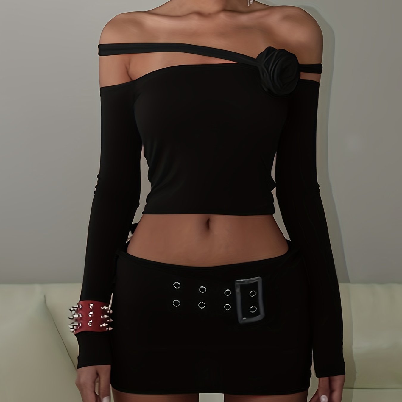 vlovelaw Solid Off Shoulder Stereo Flower T-shirt, Y2K Long Sleeve Asymmetric Sexy Top, Women's Clothing