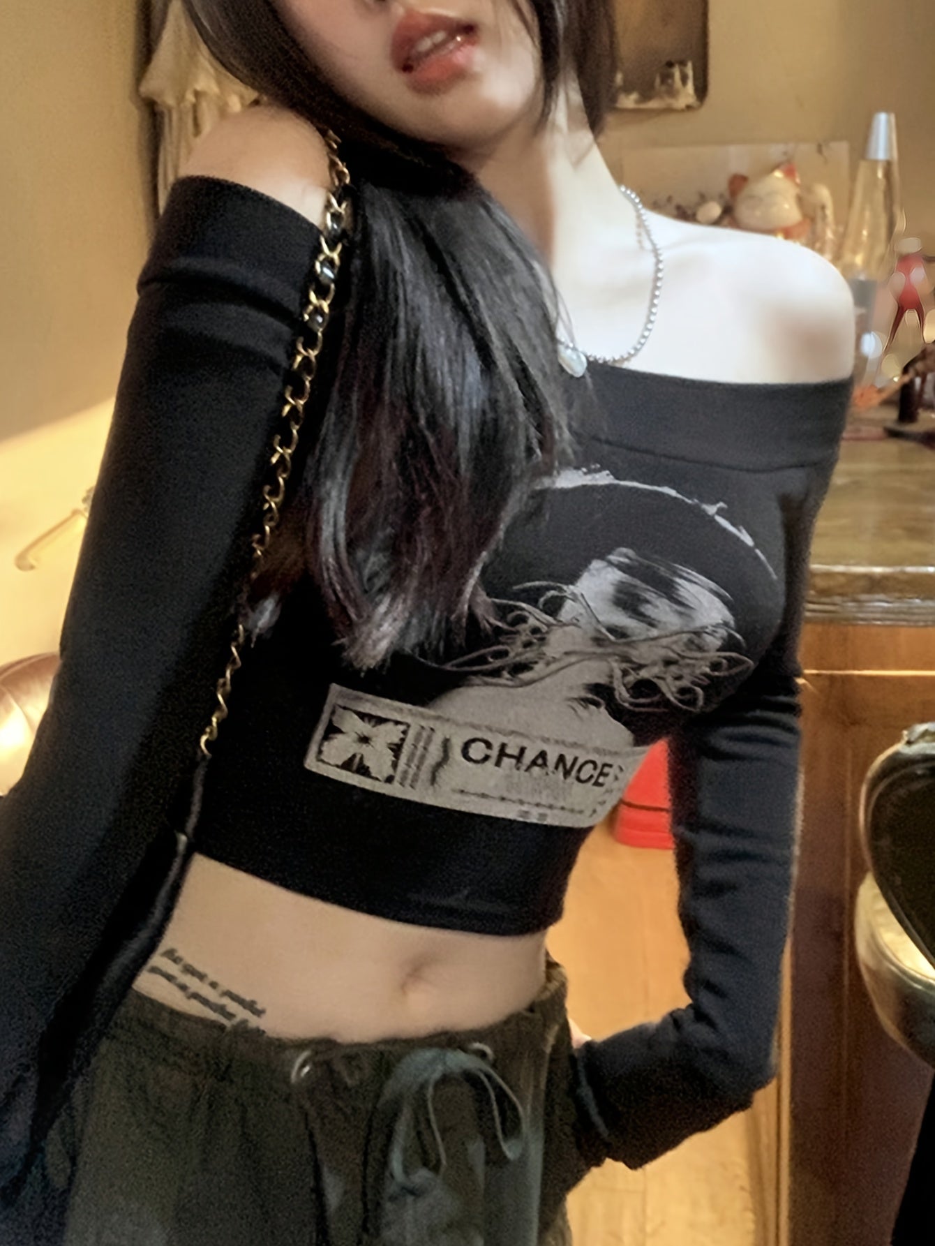 vlovelaw Graphic Print Off Shoulder T-shirt, Y2K Long Sleeve Slim Crop Top, Women's Clothing