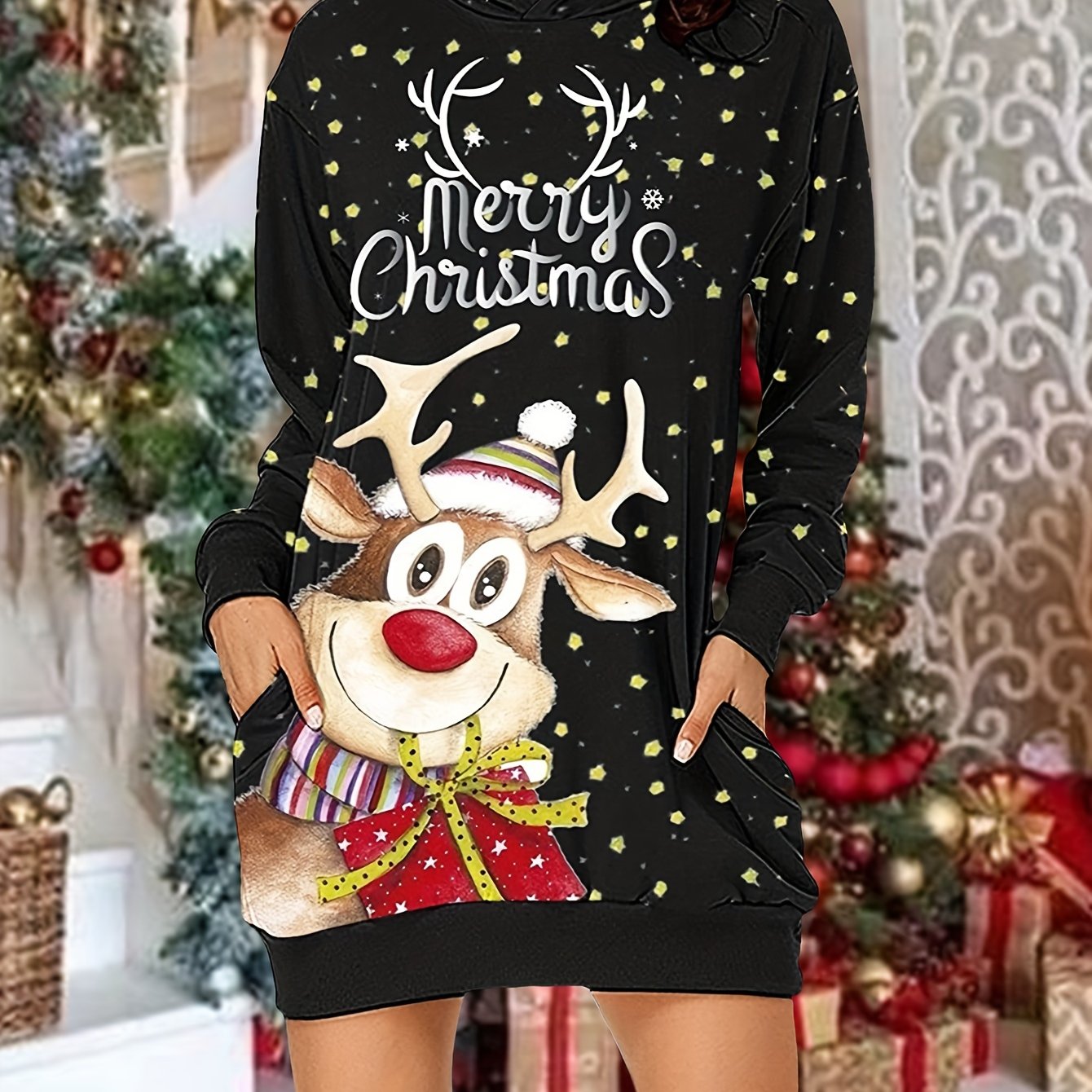 vlovelaw Christmas Print Casual Hoodie Dress Long Sleeve Hooded Dress