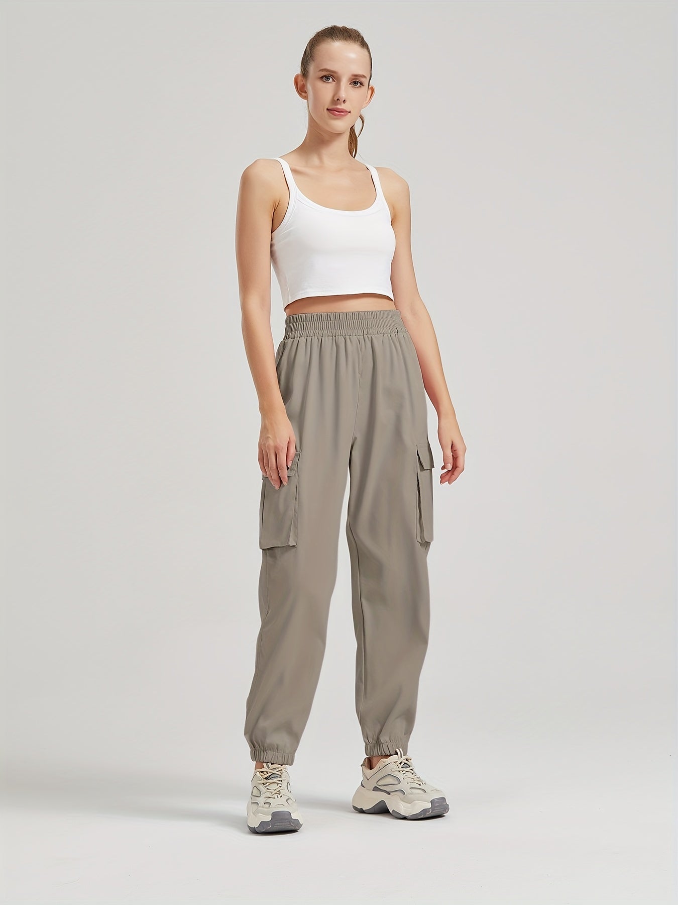 vlovelaw Solid Color Casual Joggers Sweatpant, Cargo Loose High Waisted Pants With Pockets, Women's Athleisure