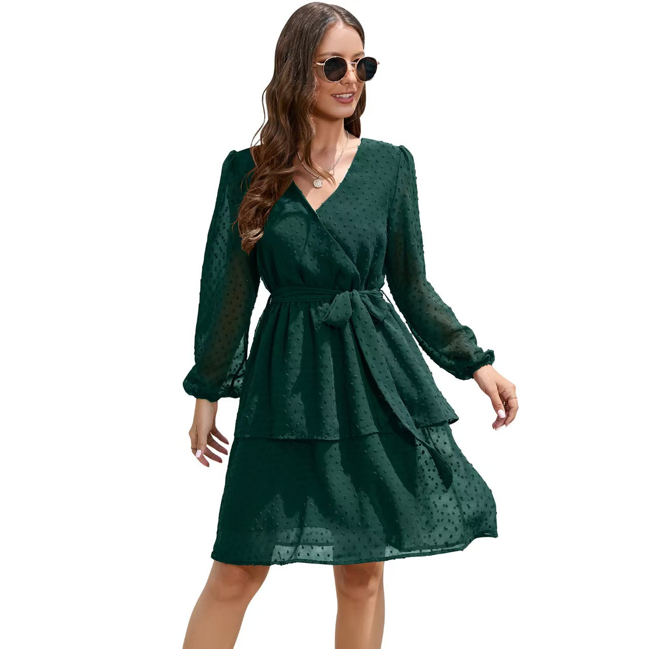 Vlovelaw Swiss Dot V-Neck Dress With Belt(3 Colors)