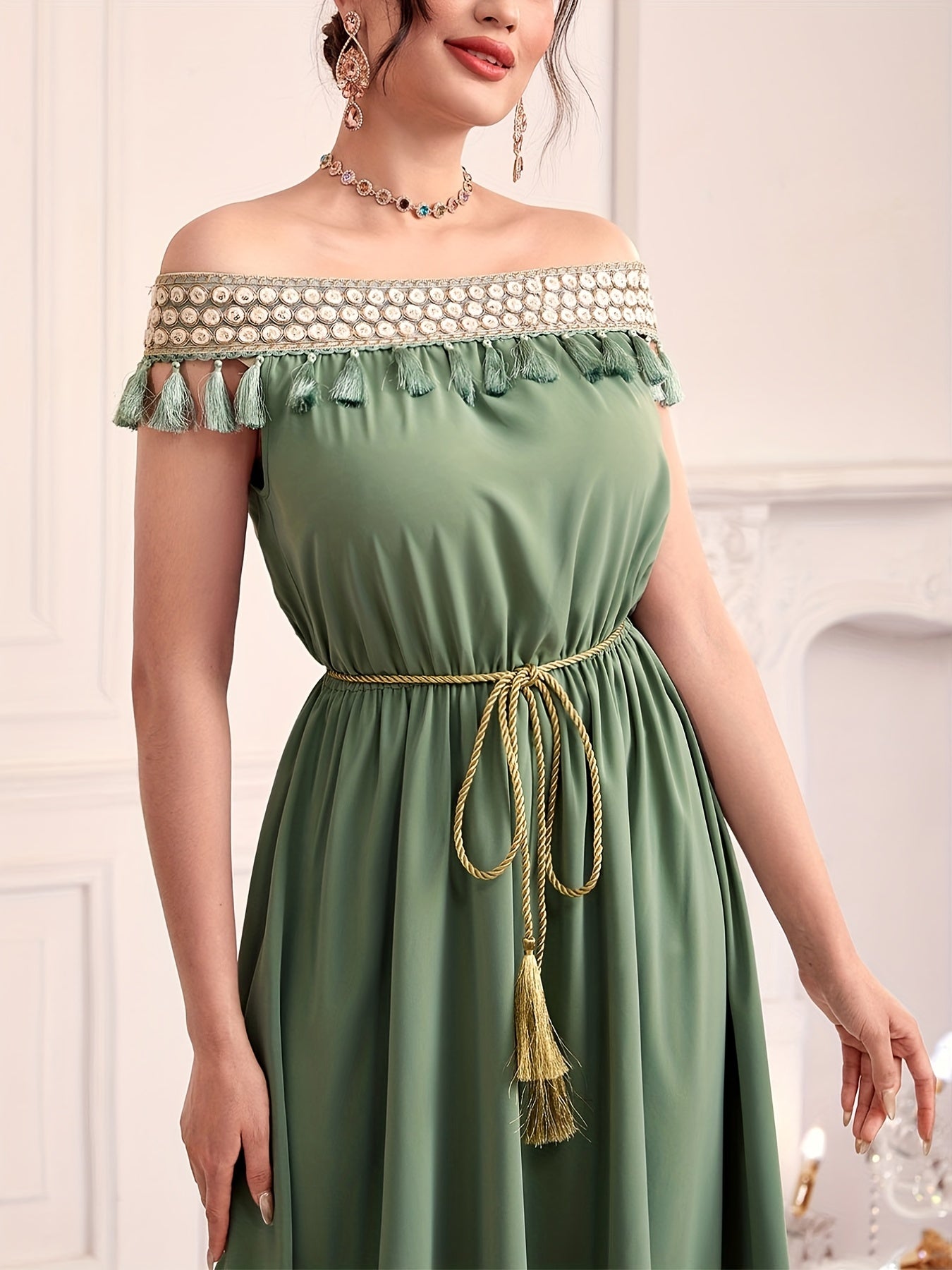 vlovelaw Off Shoulder Tassel Dress, Elegant Solid Ruched Midi Dress, Women's Clothing