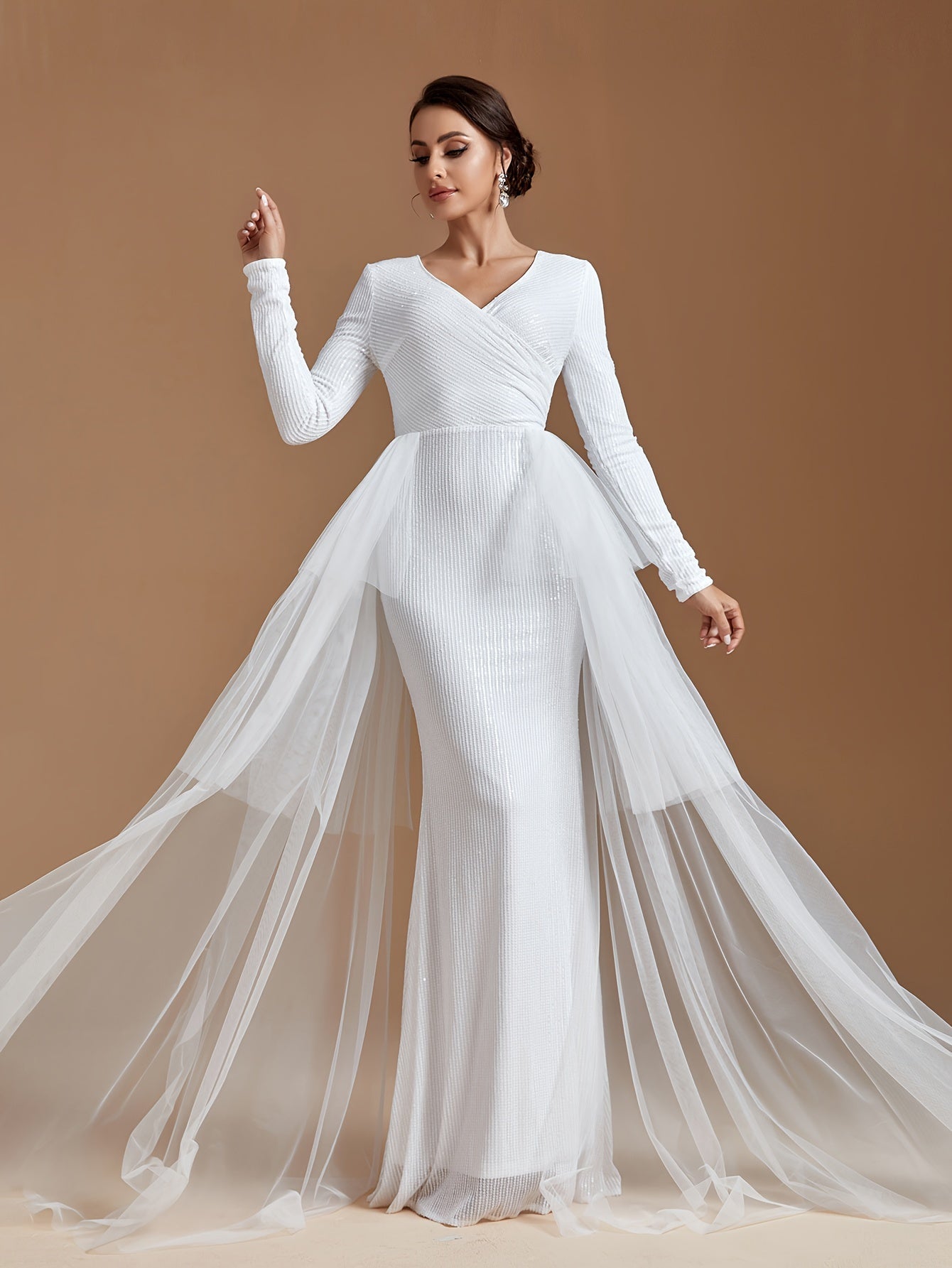 vlovelaw Mesh Panel Sequin Tiered Dress, Long Sleeve V Neck Mermaid Wedding Dress, Women's Clothing