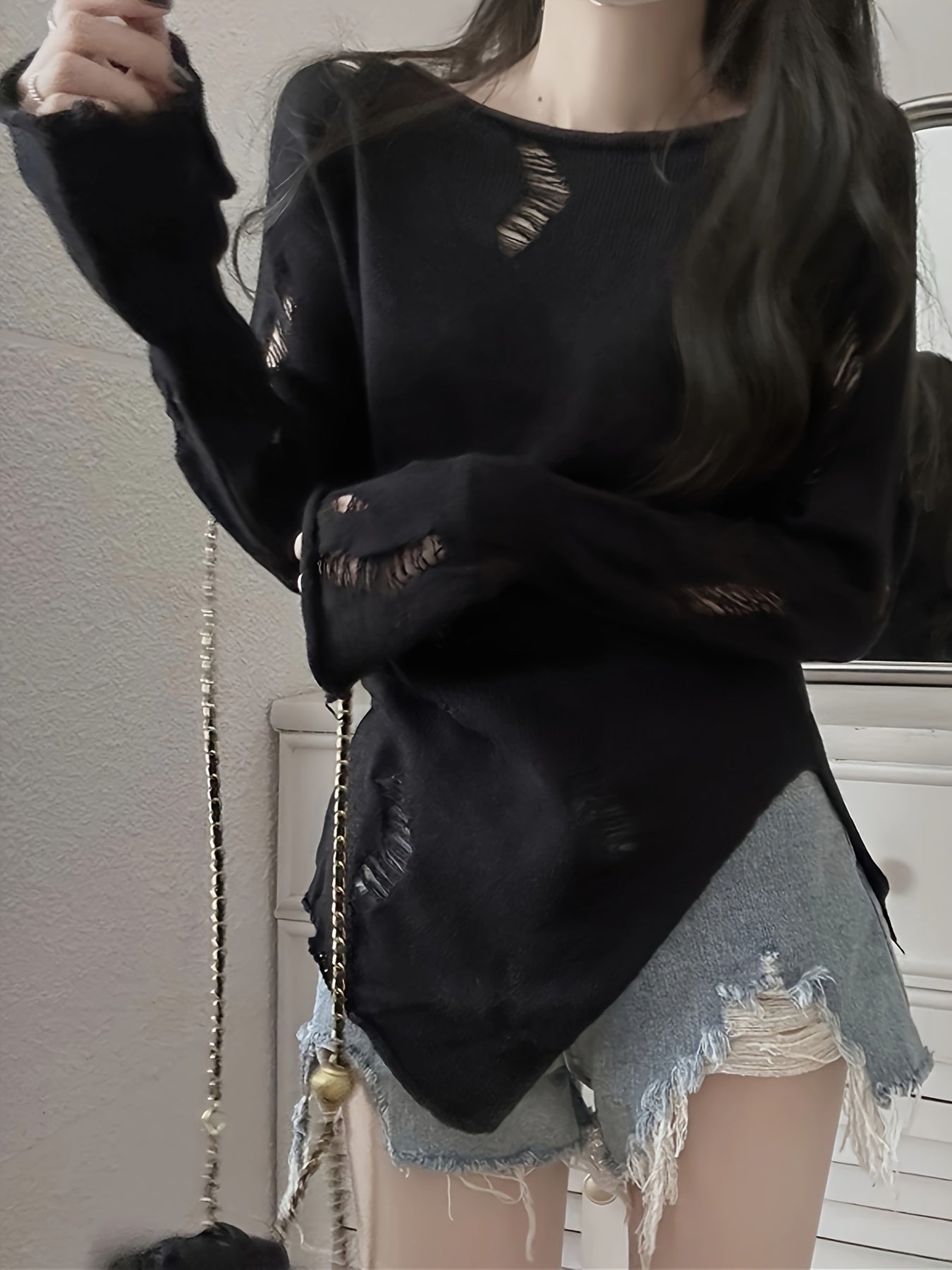 vlovelaw Y2K Solid Boat Neck Ripped Sweater, Asymmetrical Hem Long Sleeve Sweater For Spring & Fall, Women's Clothing