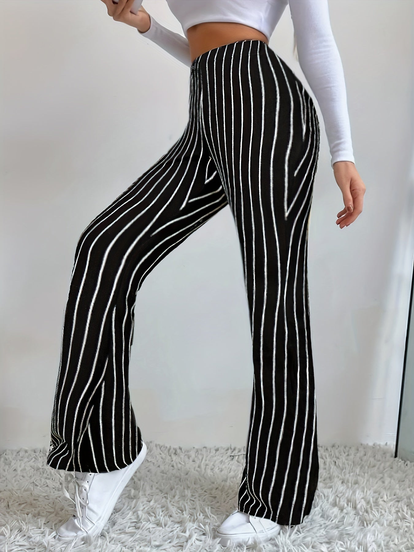 Striped Print Flared Leg Pants, Elegant Elastic Waist Slim Pants, Women's Clothing