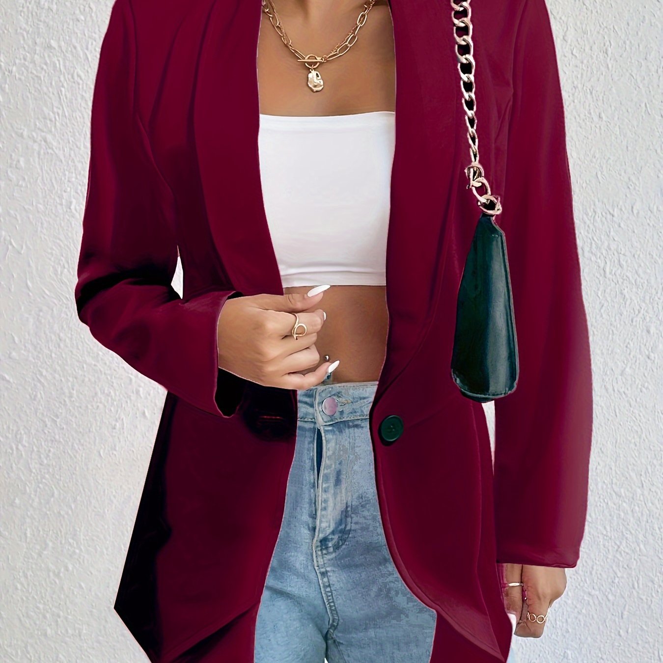 Plus Size Casual Blazer, Women's Plus Solid Three Quarter Sleeve Lapel Collar Single Breasted Blazer Jacket