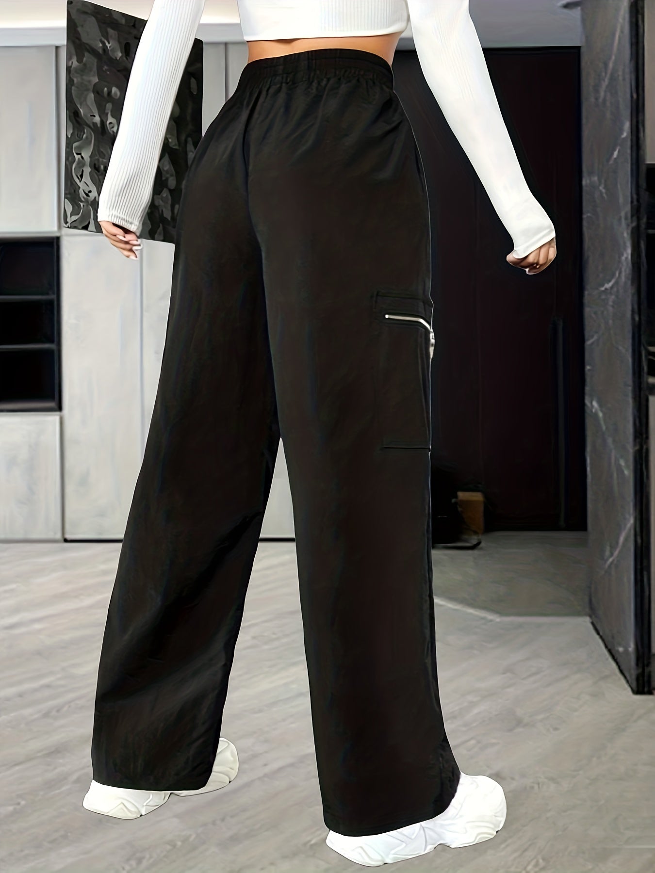 Solid Color Wide Leg Cargo Pants, Casual Loose Pocket Pants For Spring & Summer, Women's Clothing