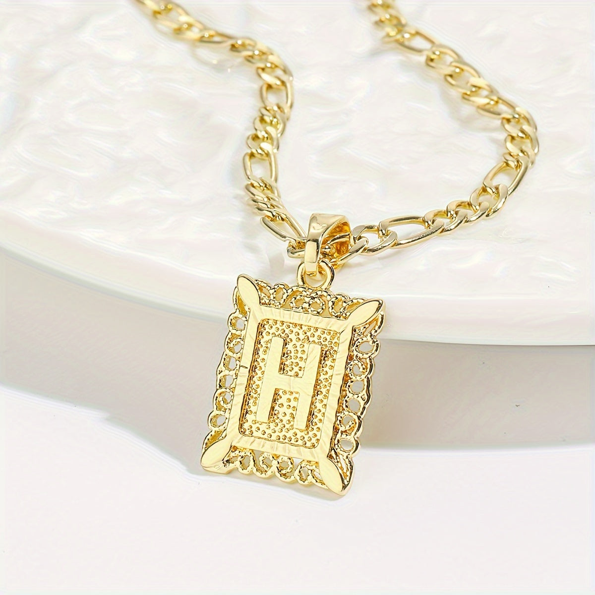 18K Gold Plated Square Monogram Pendant Necklace - Fashionable Personalized Alphabet Letter A-Z Figaro Chain Necklace for Men and Women - Copper Material, No Magnetic, No Mosaic, Plating-Free, Stylish Jewelry for Any Occasion