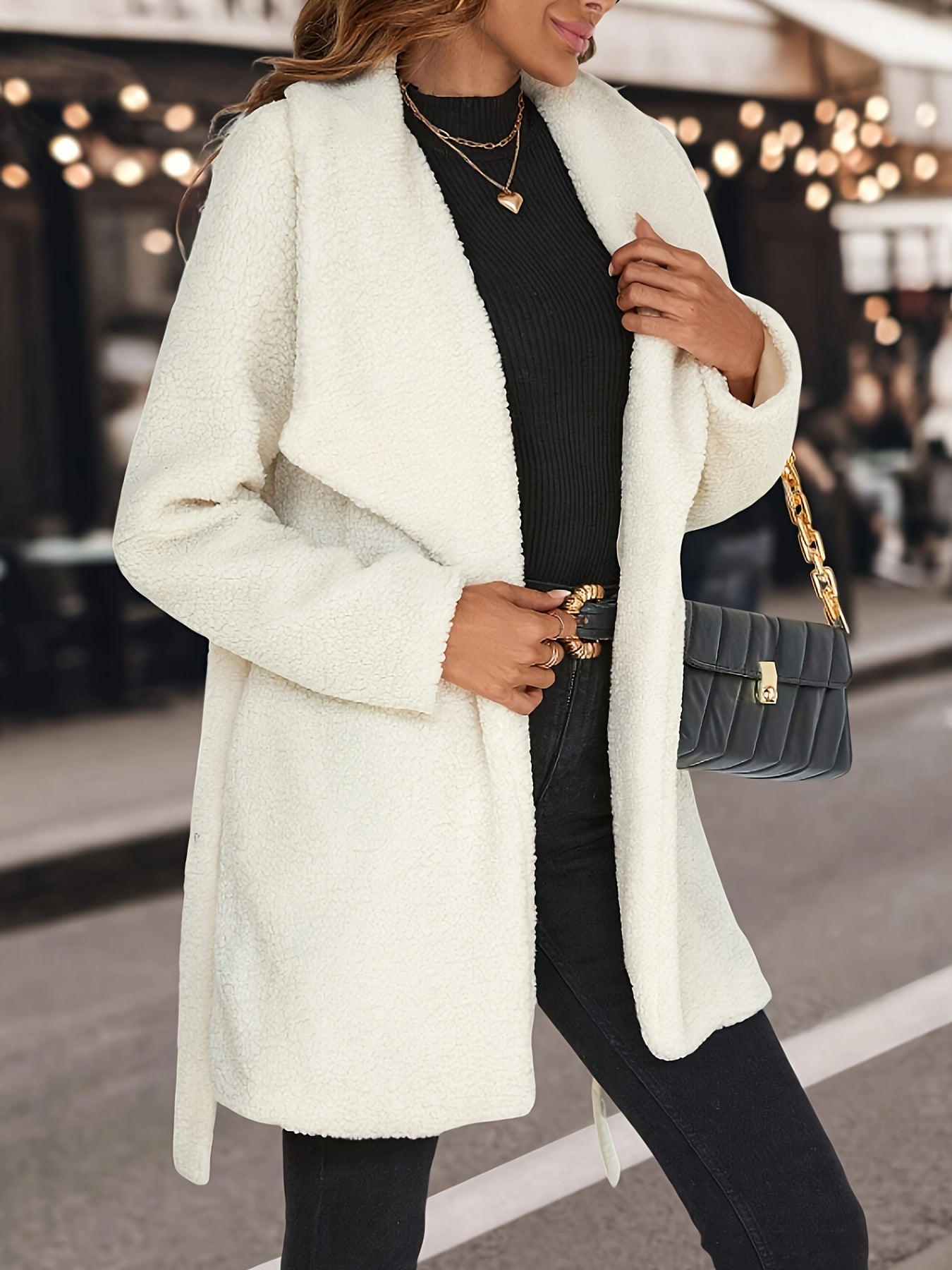 vlovelaw Solid Open Front Jacket, Casual Long Sleeve Lapel Outwear For Fall & Winter, Women's Clothing