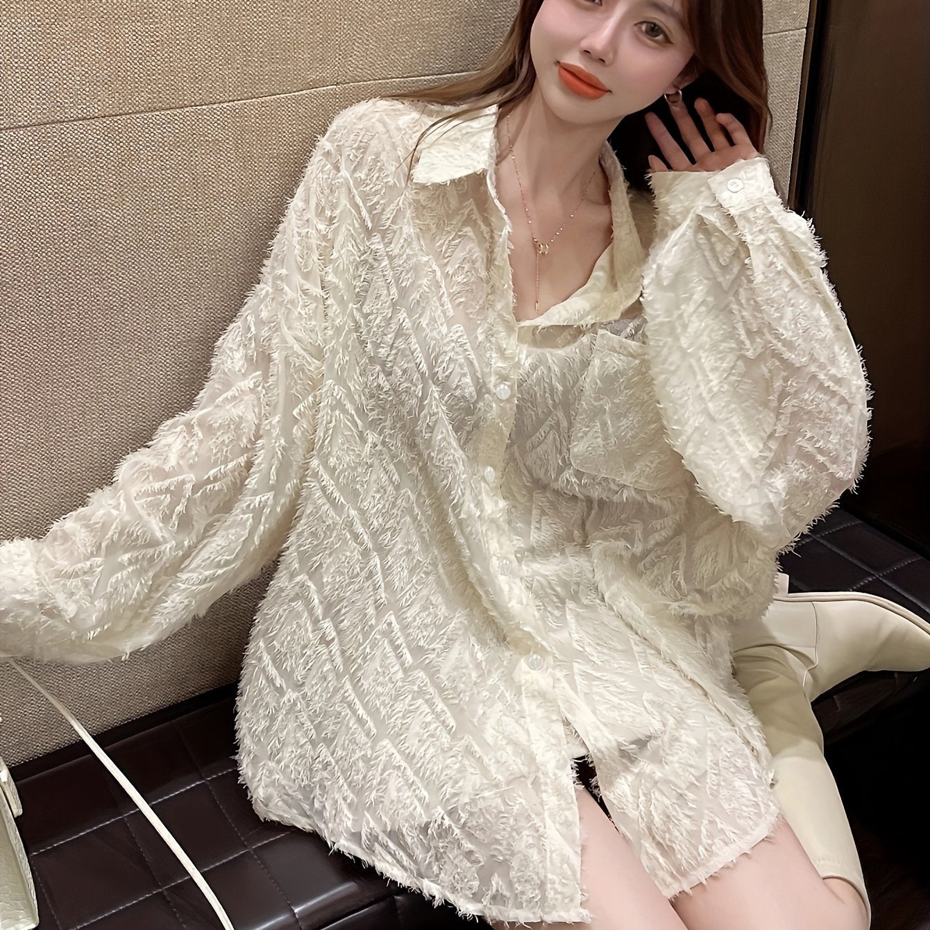 Geo Pattern Button Front Pocket Shirt, Versatile Long Sleeve Shirt For Spring & Fall, Women's Clothing