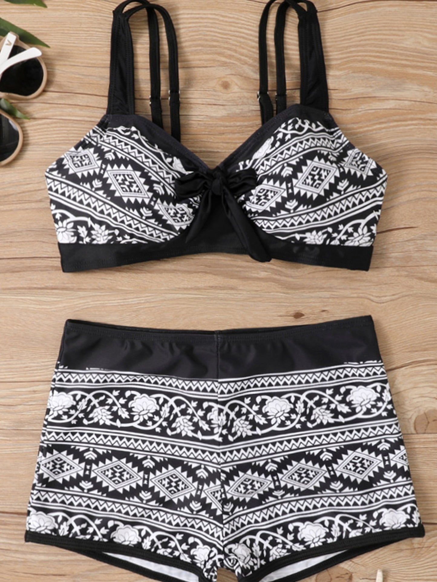 vlovelaw Random Print Bikini Sets, V Neck Contrast Trim Bow Tie Front High Waist Boxer Short Bottom Two Pieces Swimsuit, Women's Swimwear & Clothing