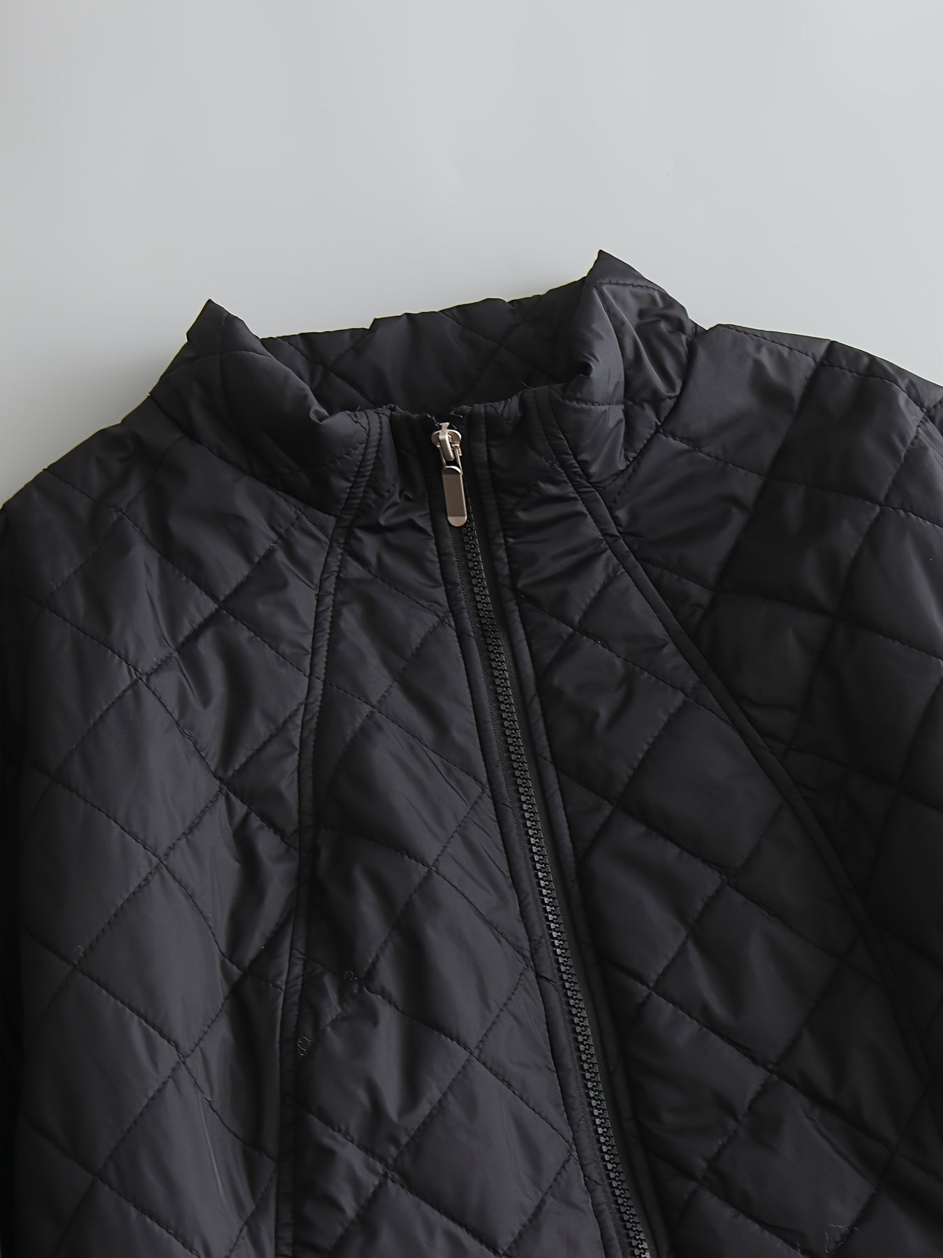 Plus Size Casual Coat, Women's Plus Solid Quilted Zipper Long Sleeve Mock Neck Puffer Coat With Pockets