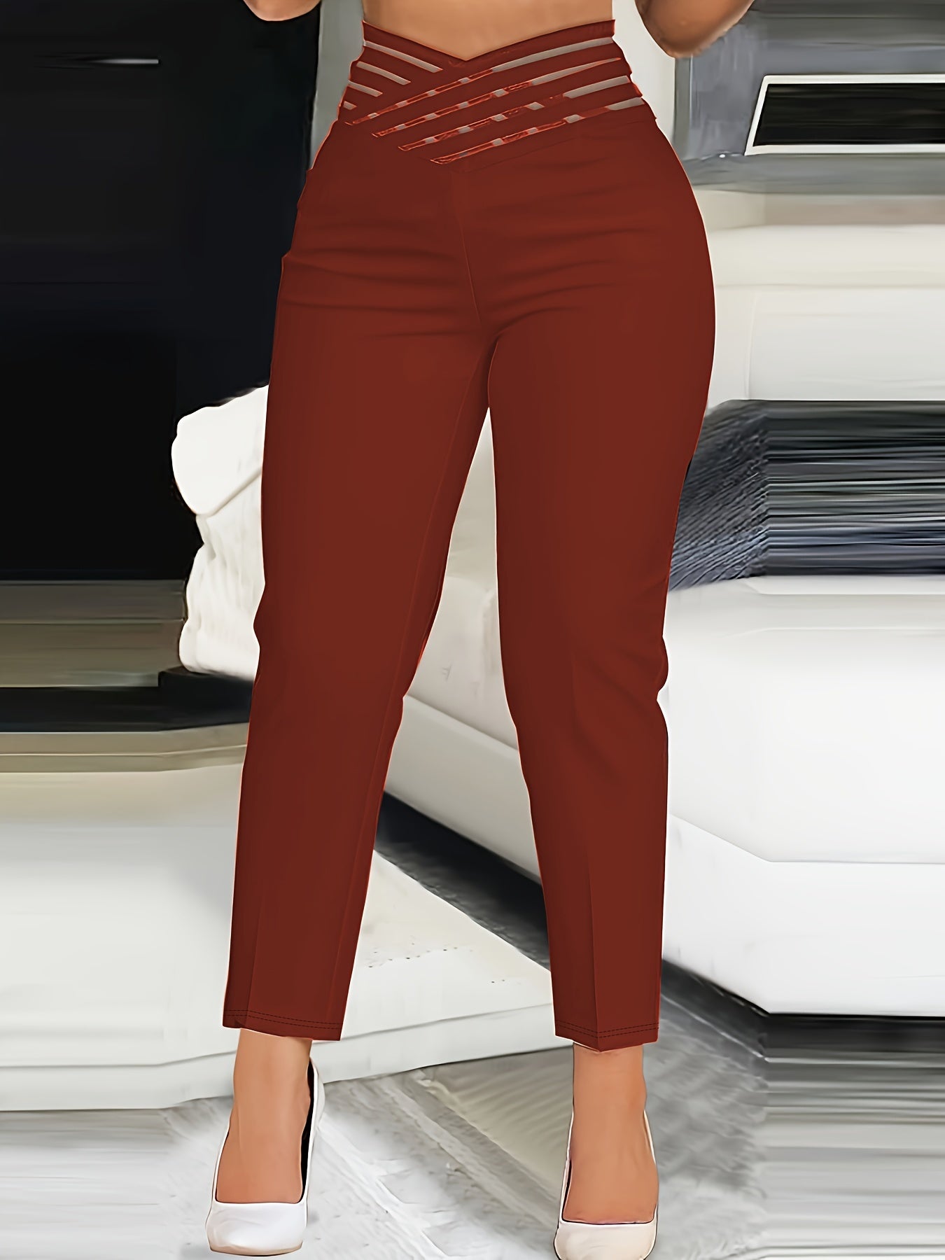 Criss Cross High Waist Pants, Casual Solid Slim Pants, Women's Clothing