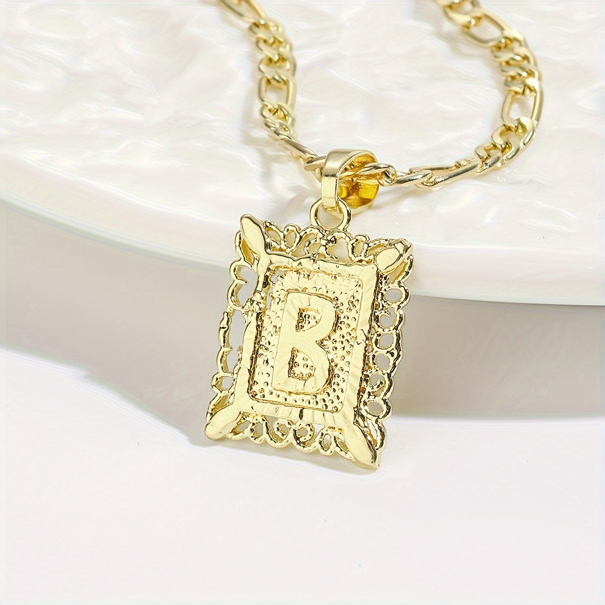 18K Gold Plated Square Monogram Pendant Necklace - Fashionable Personalized Alphabet Letter A-Z Figaro Chain Necklace for Men and Women - Copper Material, No Magnetic, No Mosaic, Plating-Free, Stylish Jewelry for Any Occasion