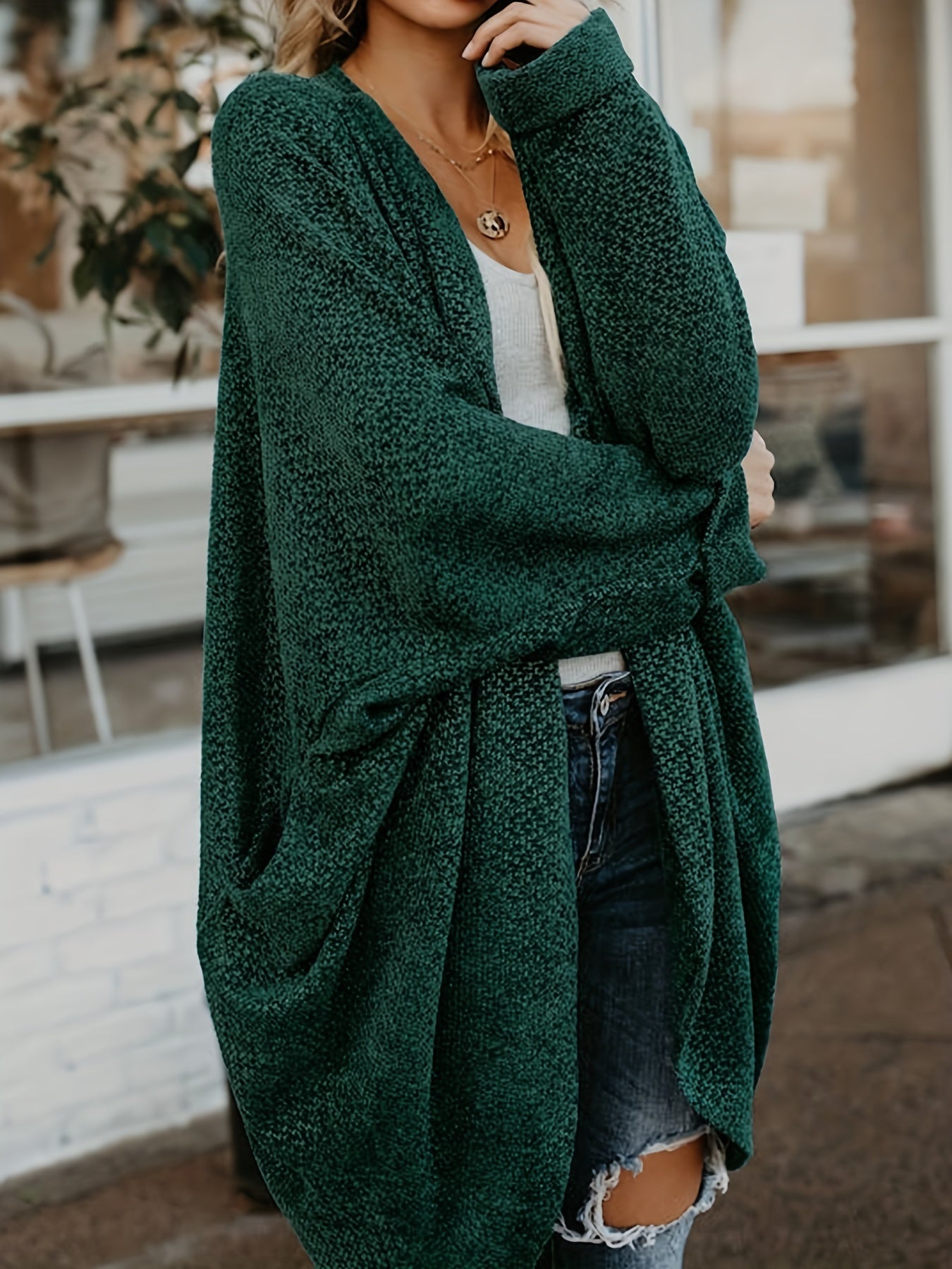 Solid Open Front Knit Cardigan, Casual Batwing Sleeve Mid Length Sweater, Women's Clothing