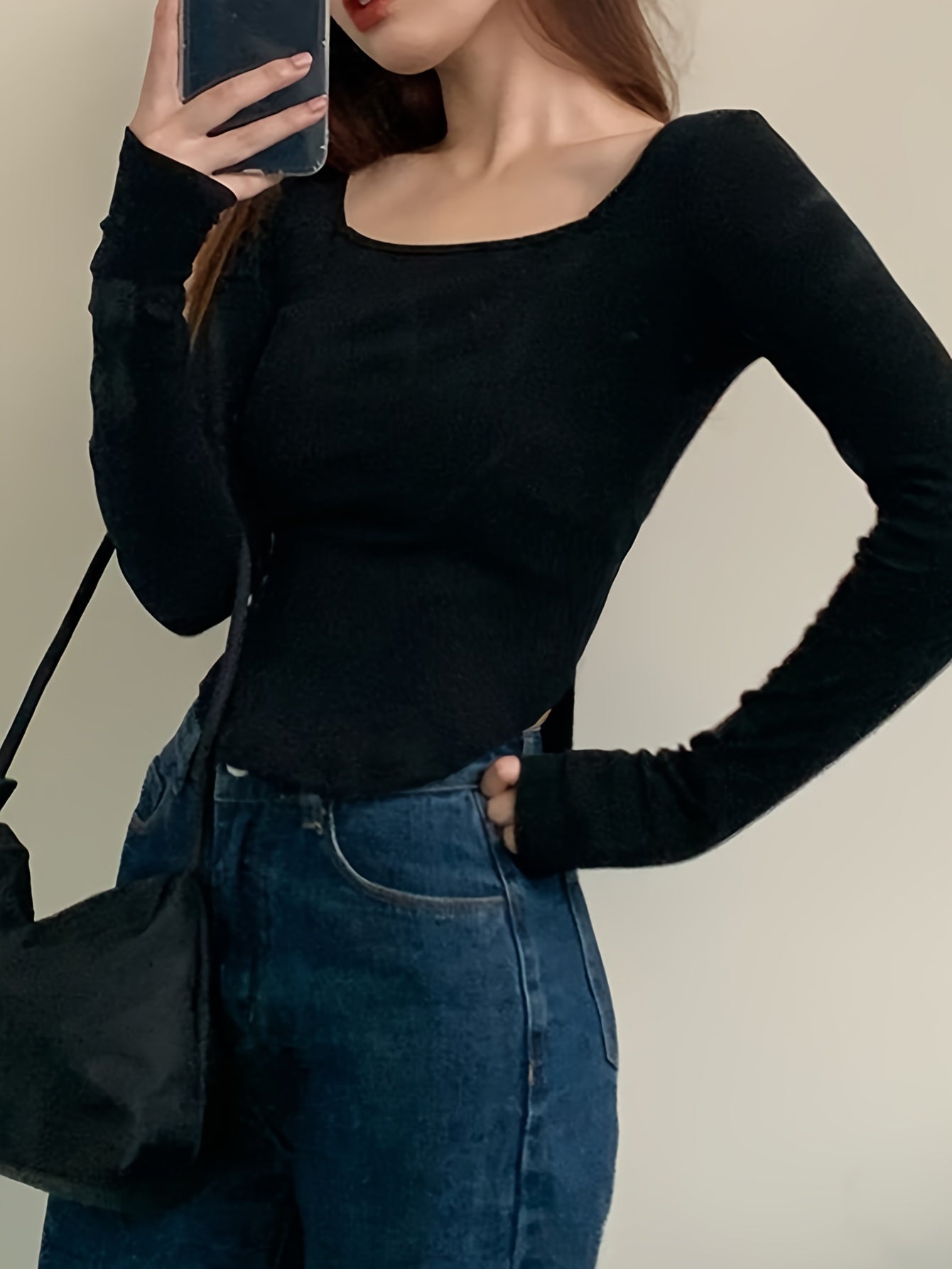 vlovelaw Solid Square Neck Curved Hem T-Shirt, Versatile Long Sleeve T-Shirt For Spring & Fall, Women's Clothing