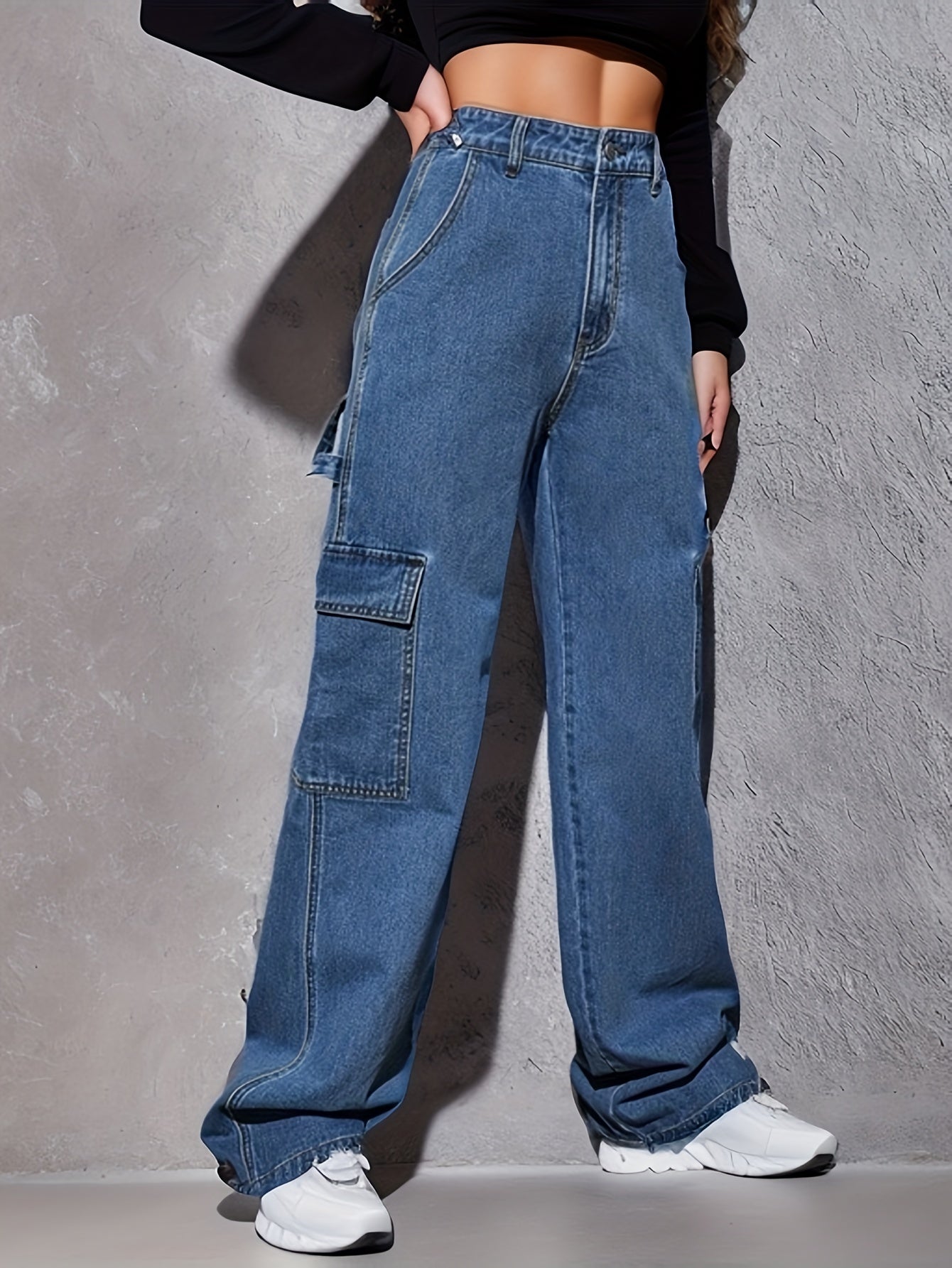 vlovelaw Blue Flap Pockets Cargo Pants, Loose Fit Non-Stretch Y2K & Kpop Carpenter Jeans, Women's Denim Jeans & Clothing