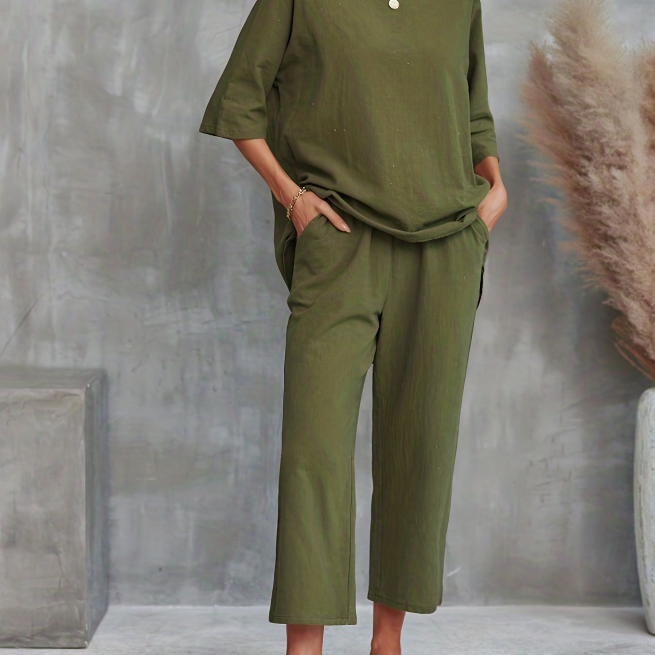 vlovelaw Solid Casual Two-piece Set, Crew Neck Half Sleeve Tee & Wide Leg Pants Outfits, Women's Clothing
