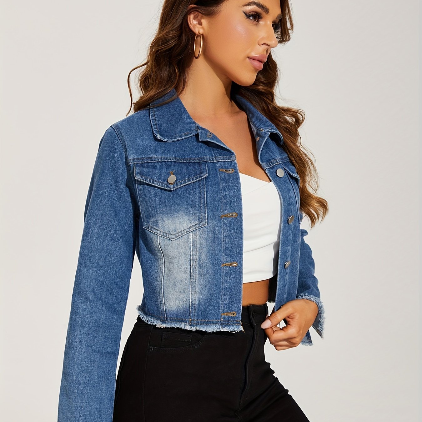 vlovelaw Blue Frayed Trim Denim Jackets, Long Sleeves Single-Breasted Button Lapel Denim Coats, Women's Denim Clothing