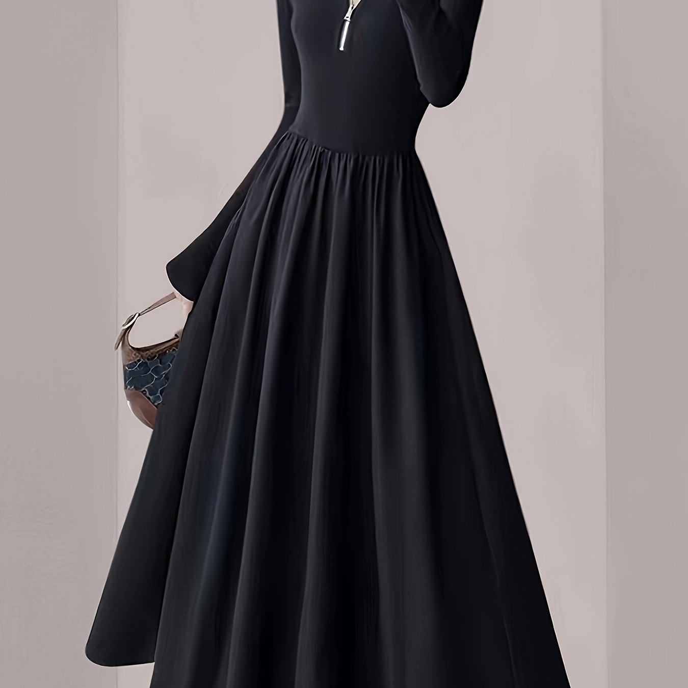 vlovelaw Zip-up Long Sleeve Lapel Dress, Chic Solid Color A-line Dress, Women's Clothing