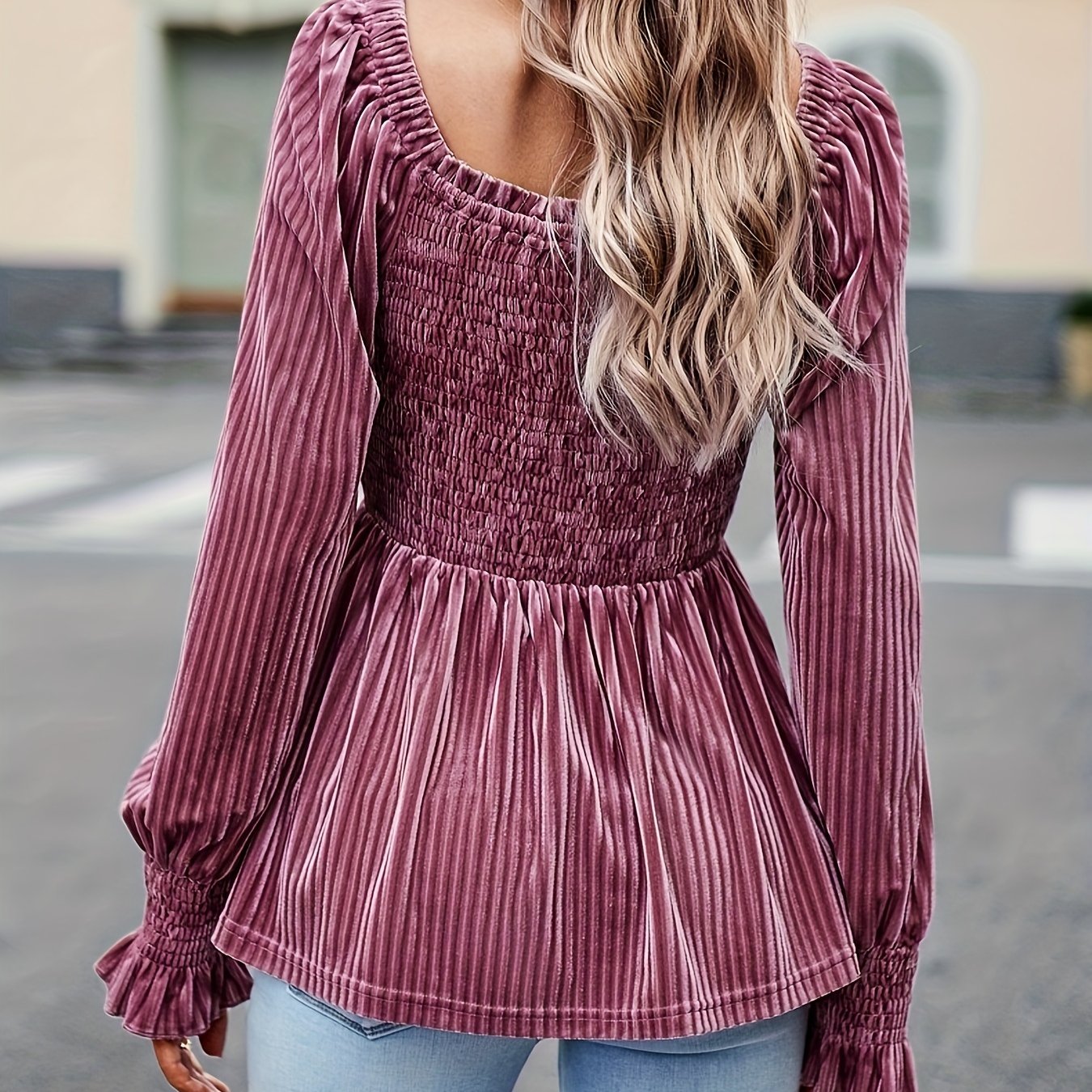 vlovelaw Shirred Velvet Square Neck T-Shirt, Elegant Long Sleeve Top For Spring & Fall, Women's Clothing
