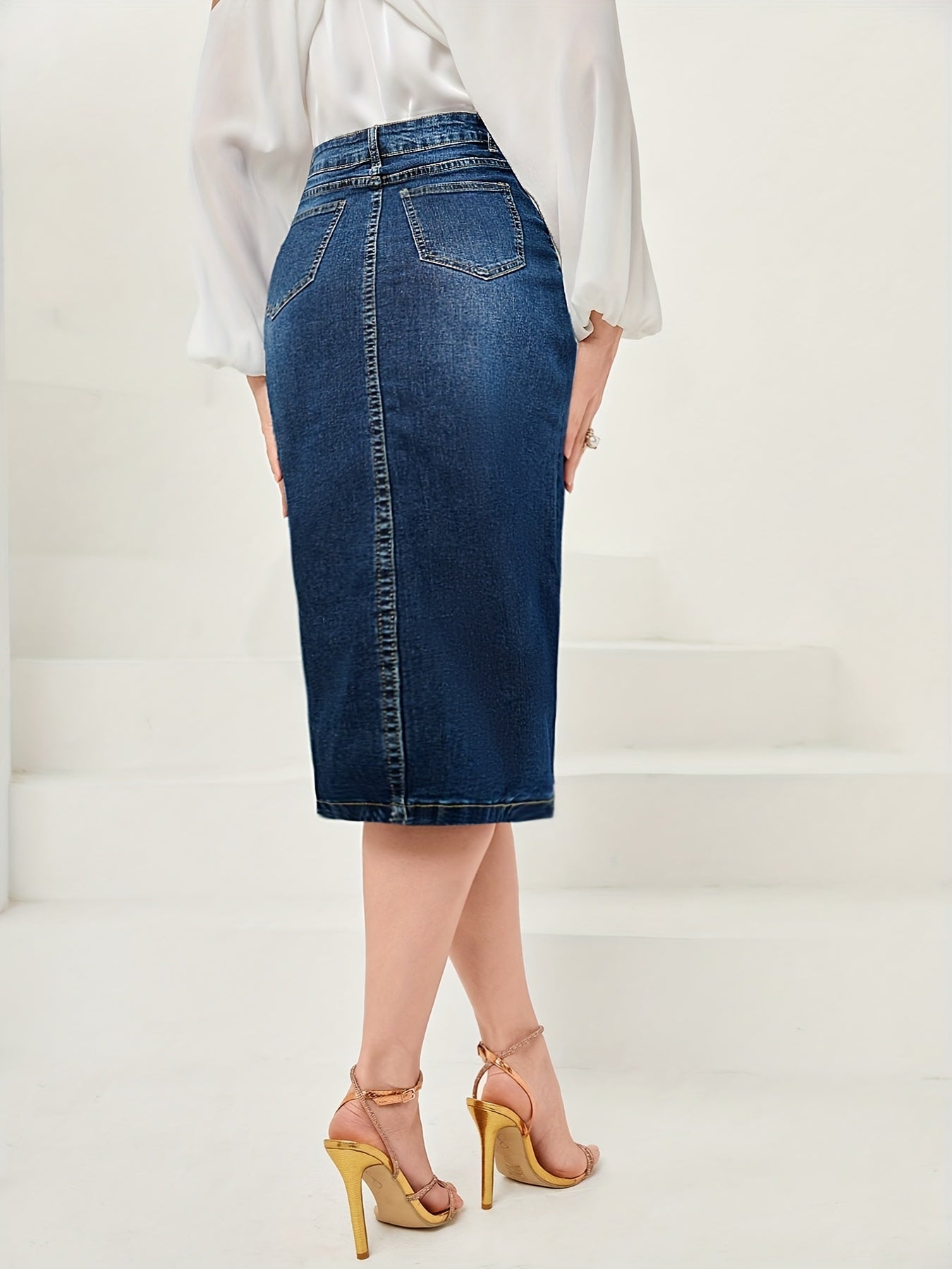 Side Split Vintage Washed Midi Denim Skirt, Zipper Button Closure Solid Color Slash Pocket Denim Skirt, Women's Denim Jeans & Clothing