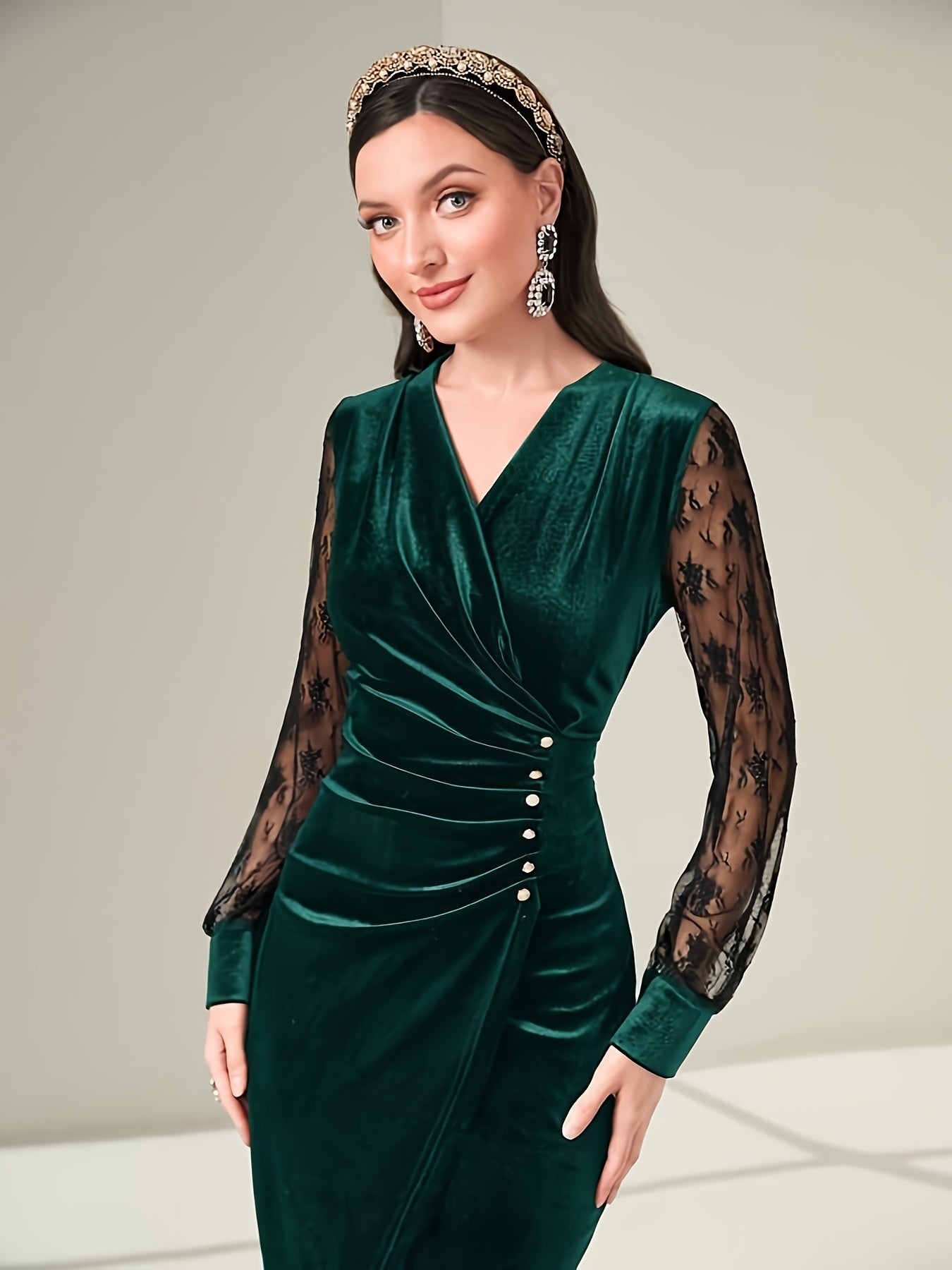 vlovelaw Contrast Lace Bodycon Dress, Elegant Long Sleeve Dress For Party & Banquet, Women's Clothing