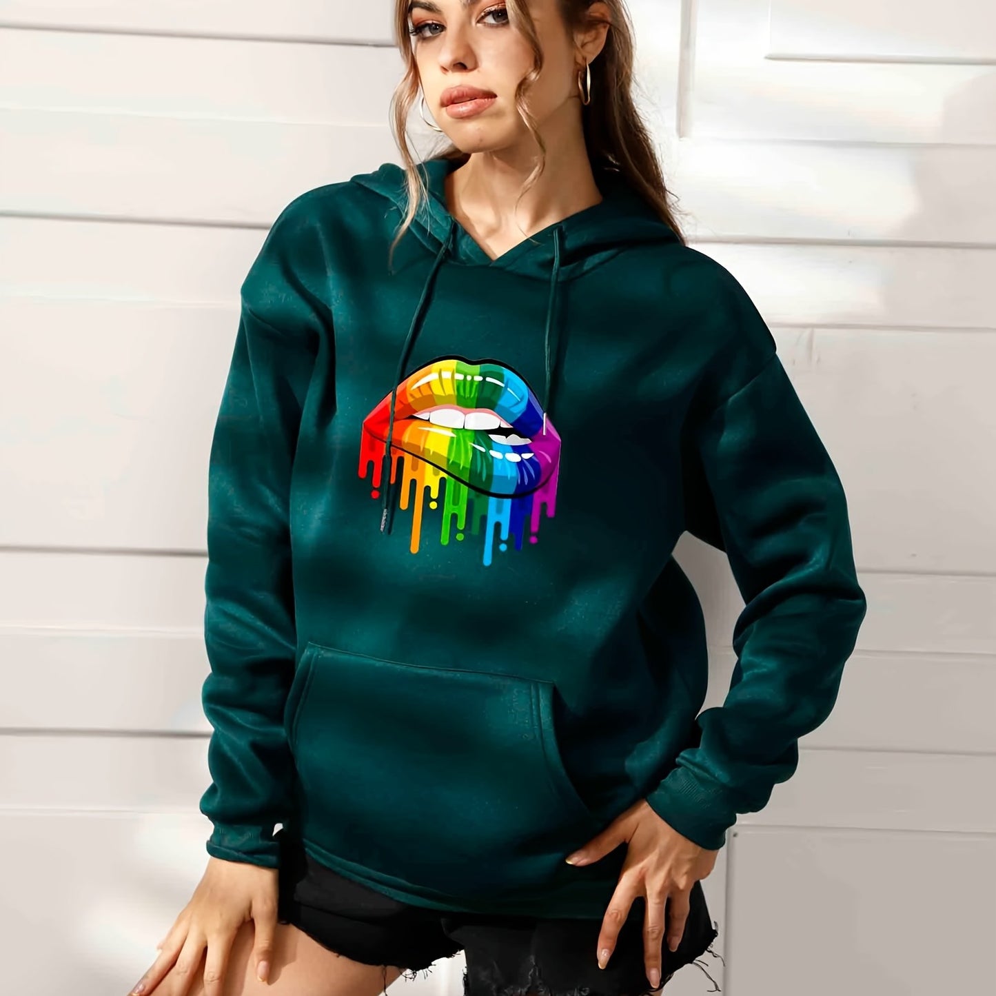 Rainbow Lip Print Casual Hoodies, Drawstring Long Sleeve Kangaroo Pocket Pullover Sweater, Women's Clothing