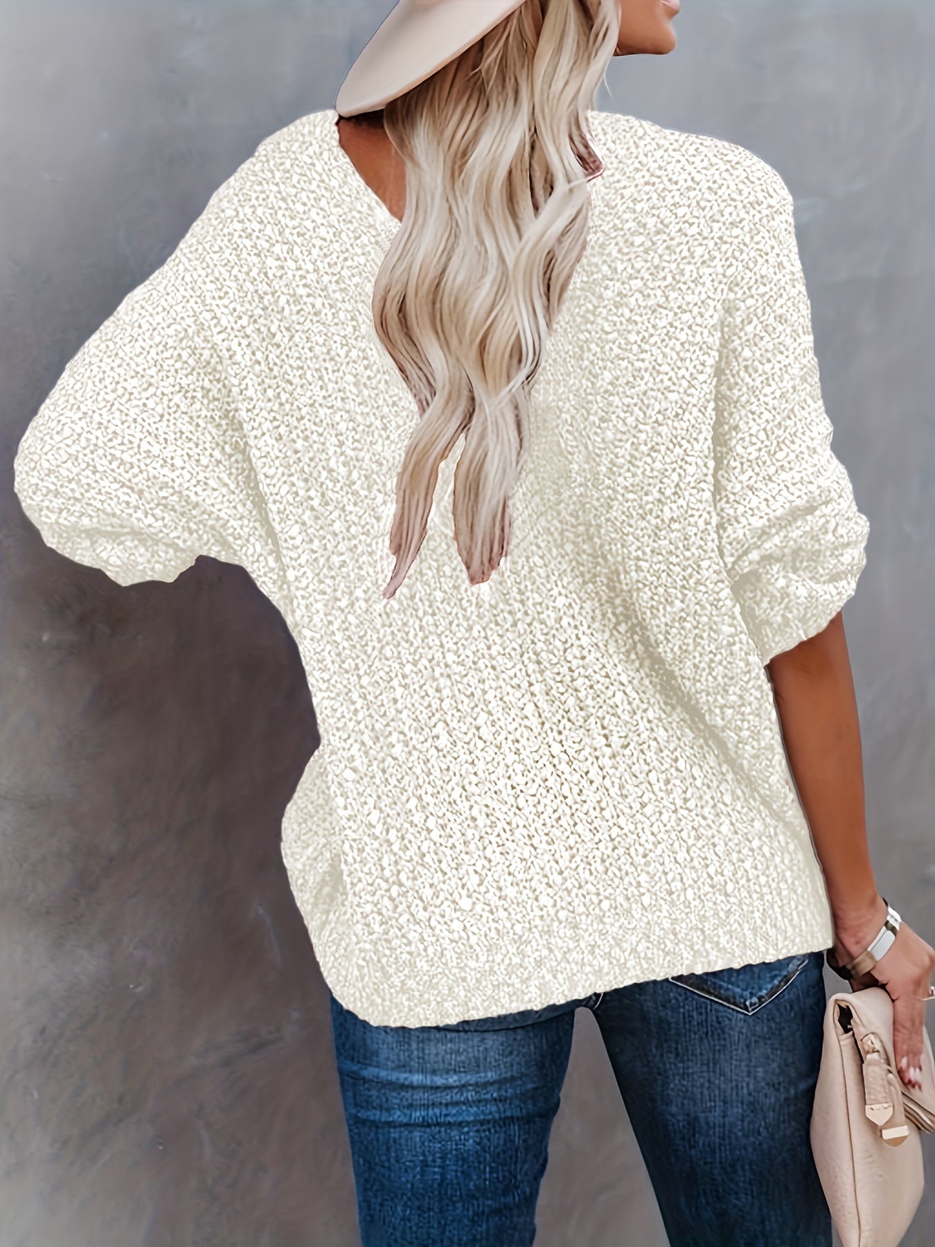 Solid V Neck Knitted Pullover Top, Casual Long Sleeve Sweater For Fall & Winter, Women's Clothing