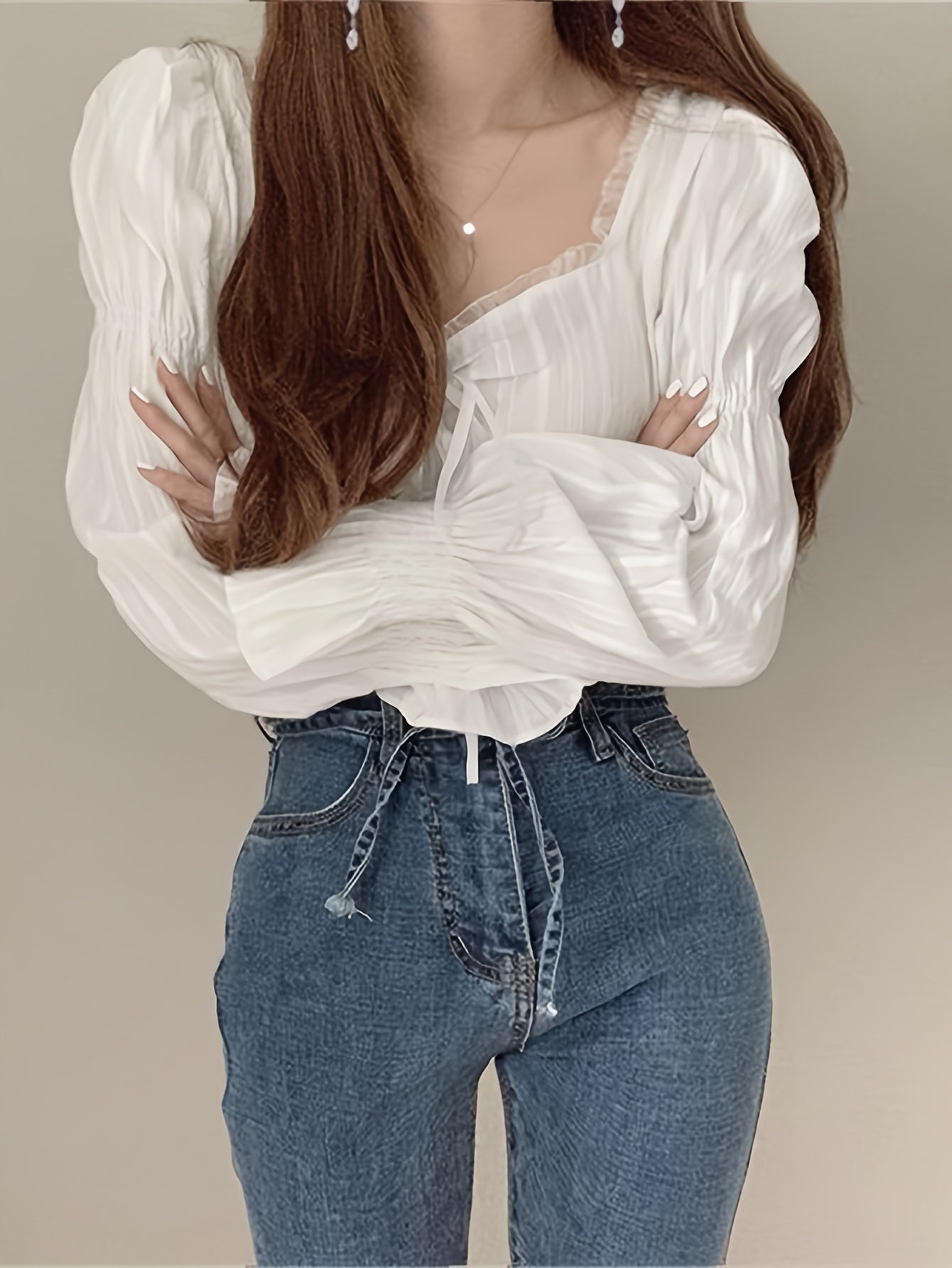 vlovelaw Ruffle Trim Queen Anne Neck Blouse, Chic Puff Sleeve Cinched Waist Crop Blouse For Spring & Fall, Women's Clothing