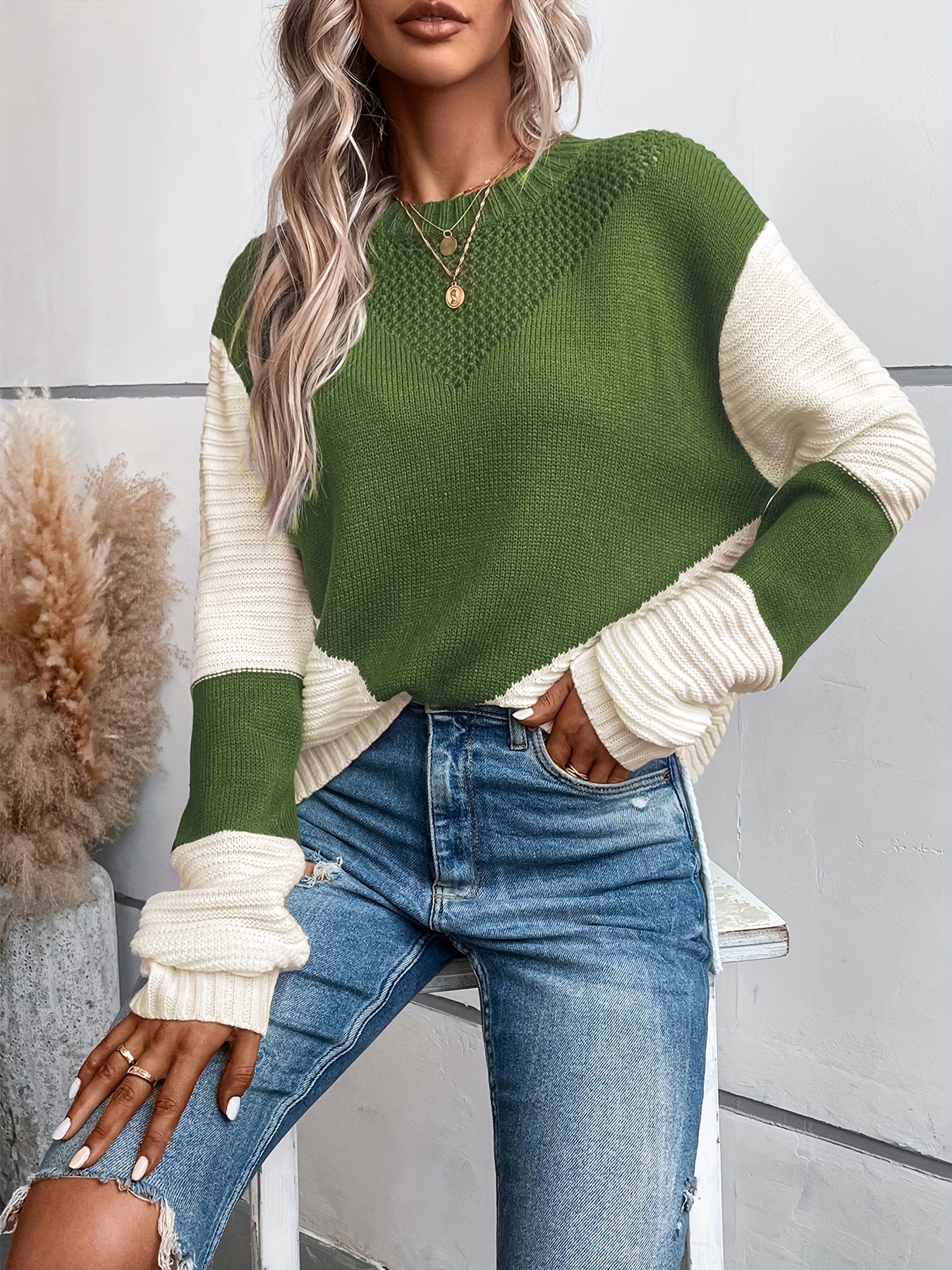 Color Block Crew Neck Sweater, Casual Long Sleeve Split Side Sweater, Women's Clothing