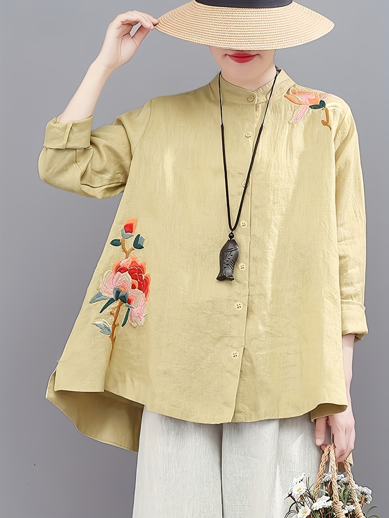 Chinese Retro Embroidered T-Shirt, Long Sleeve Button Up High Neck Casual Top For Spring & Summer, Women's Clothing
