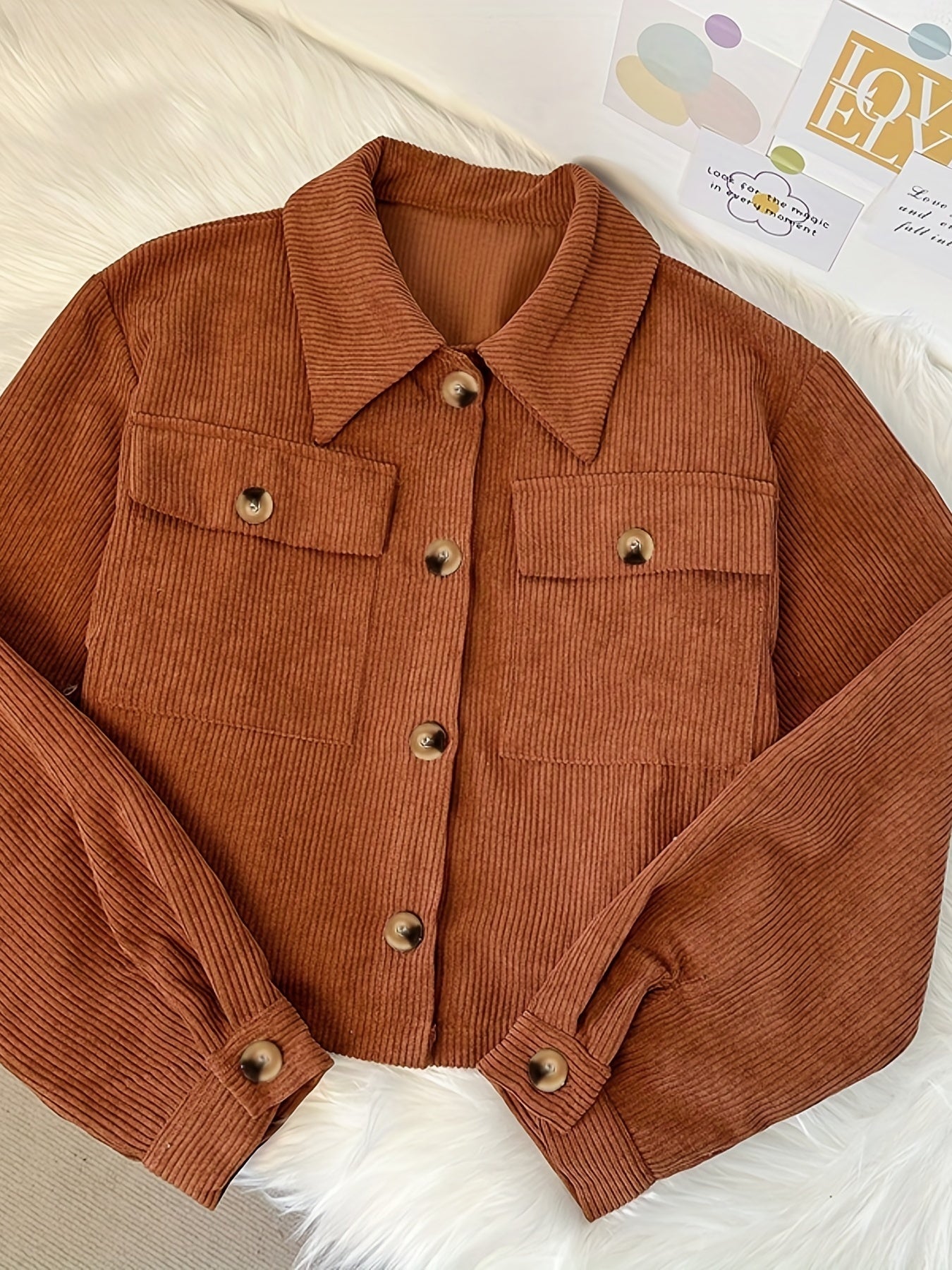 Flap Pockets Corduroy Crop Jacket, Casual Long Sleeve Jacket For Fall & Winter, Women's Clothing