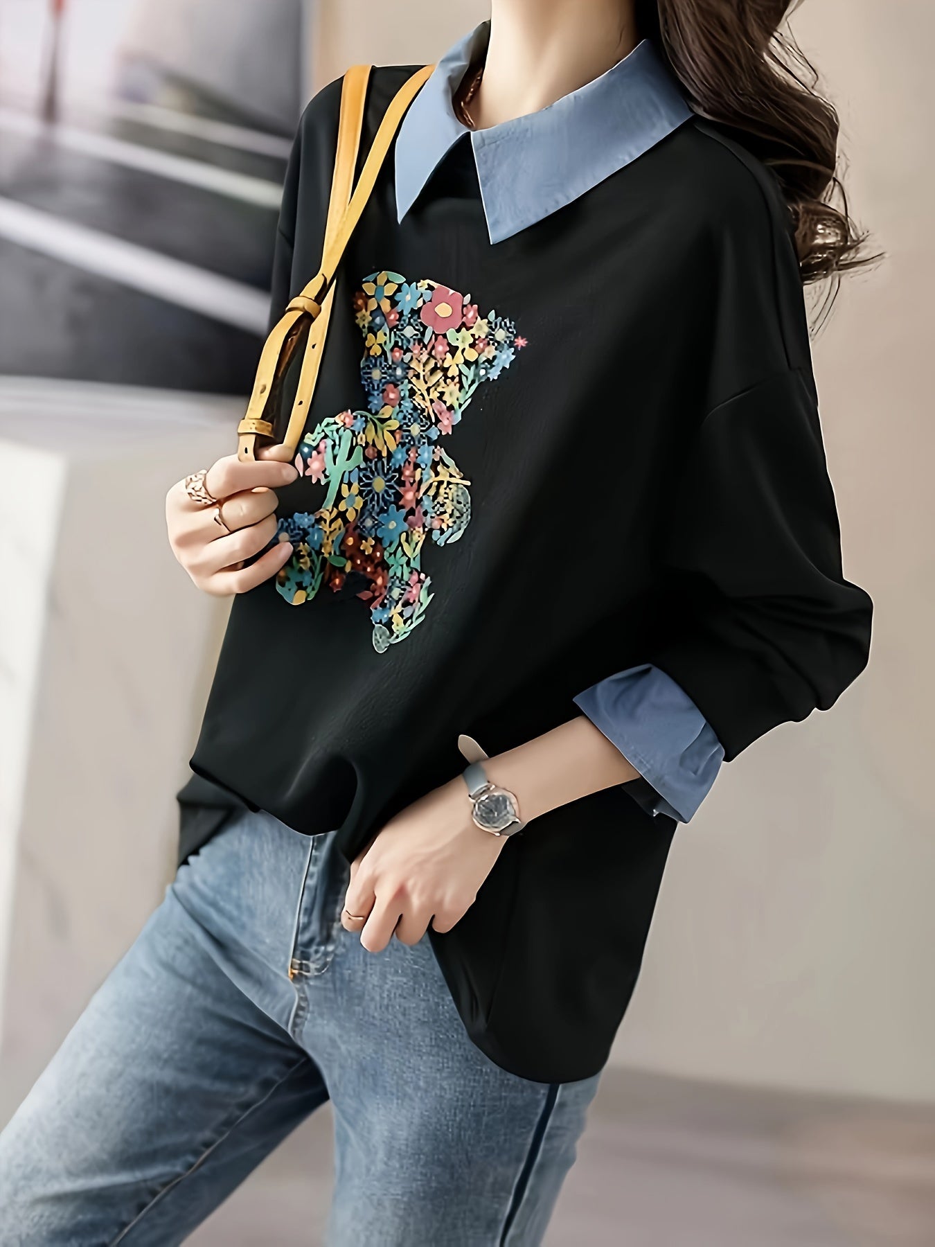 vlovelaw Bear Pattern Faux Twinset Sweatshirt, Casual Long Sleeve Lapel Sweatshirt, Women's Clothing
