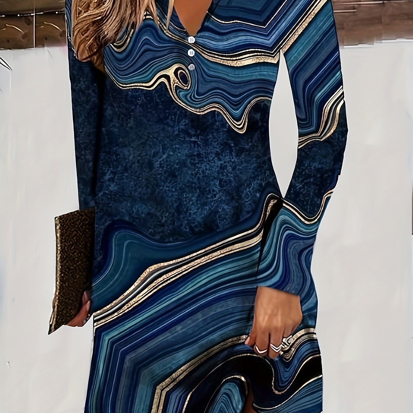 Abstract Print Long Sleeve Dress, Casual Notch Neck Button Dress For Spring & Fall, Women's Clothing