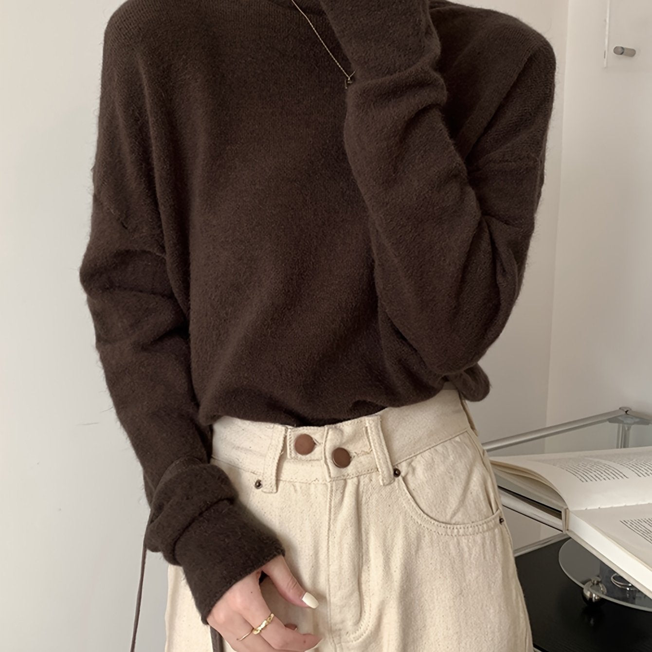 vlovelaw Solid Turtle Neck Pullover Sweater, Casual Long Sleeve Versatile Inner Wear Sweater, Women's Clothing
