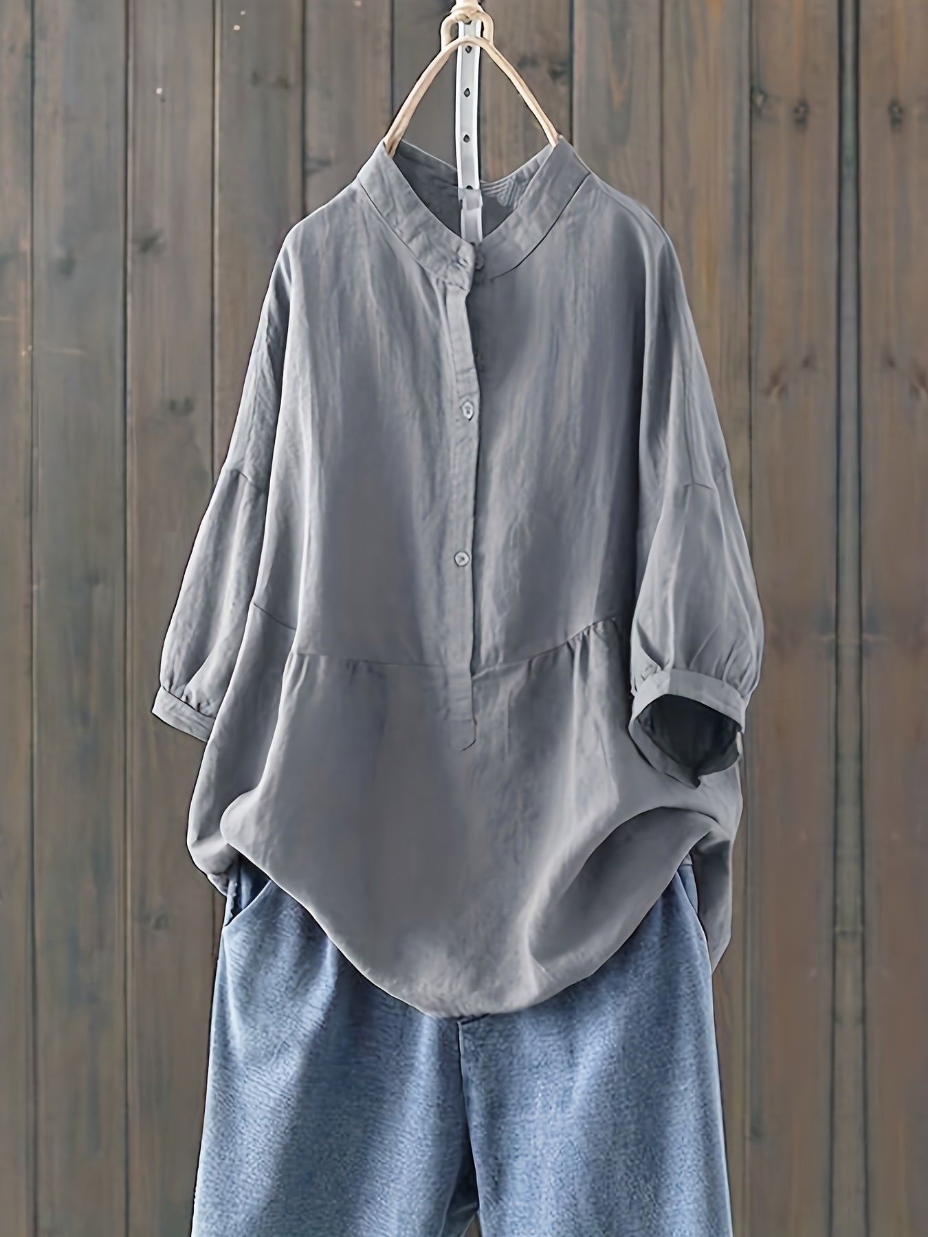 Plus Size Casual Blouse, Women's Plus Mock Neck Half Sleeve Round Neck Henley Shirt