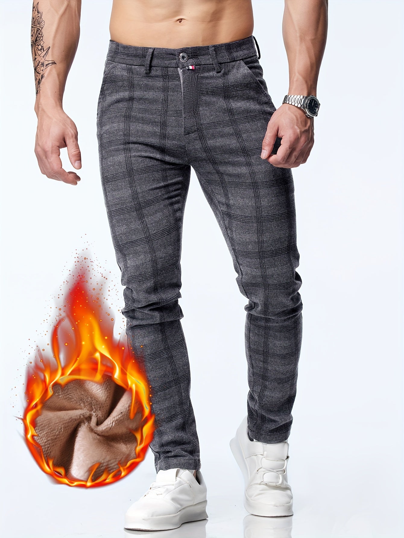 vlovelaw Men's Casual Warm Thick Slim Fit Pants, Chic Fleece Lined Retro Plaid Pants For Fall Winter