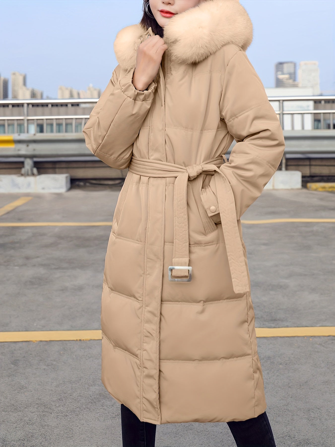 Fluffy Trim Long Length Coat, Casual Solid Long Sleeve Winter Warm Outerwear, Women's Clothing