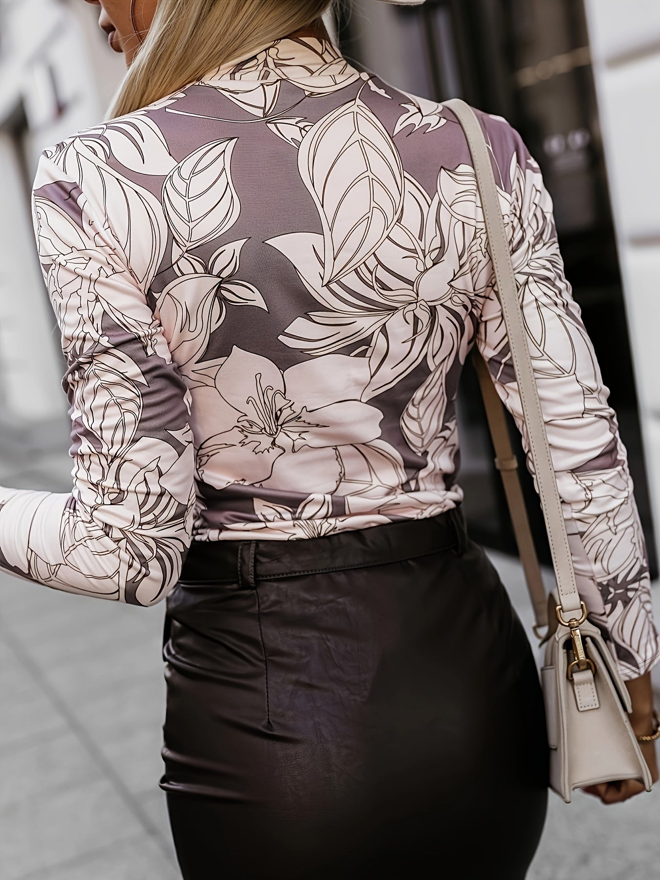 vlovelaw Floral Print Mock Neck T-Shirt, Vintage Long Sleeve Slim T-Shirt For Spring & Fall, Women's Clothing