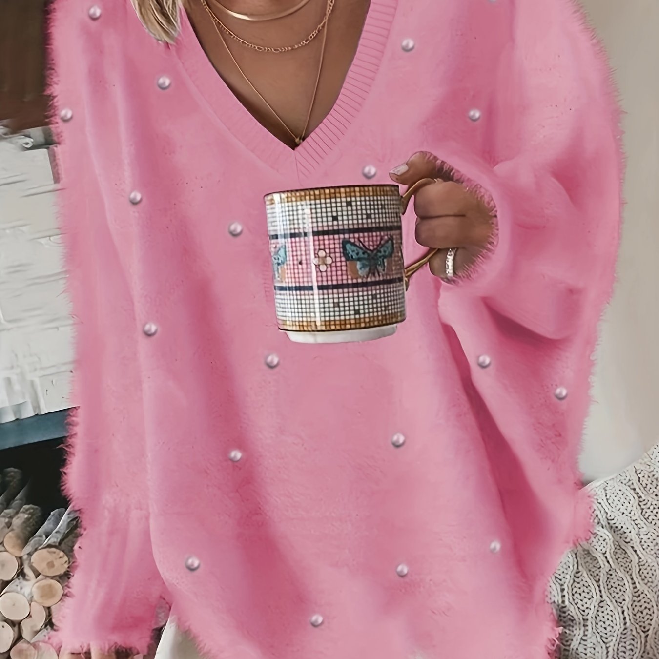 Rhinestone V Neck Fuzzy Sweater, Casual Long Sleeve Loose Sweater, Women's Clothing