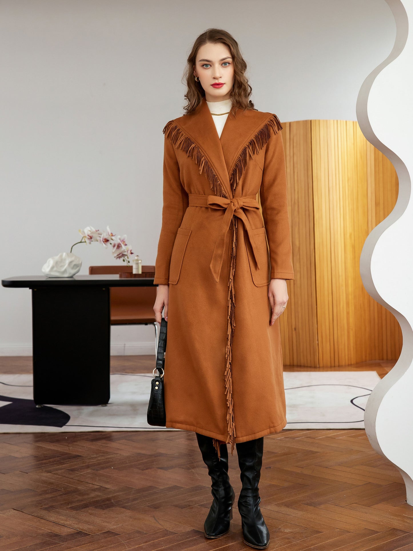 vlovelaw Tassel With Pocket Solid Coat, Casual Belted Long Sleeve Coat For Fall, Women's Clothing