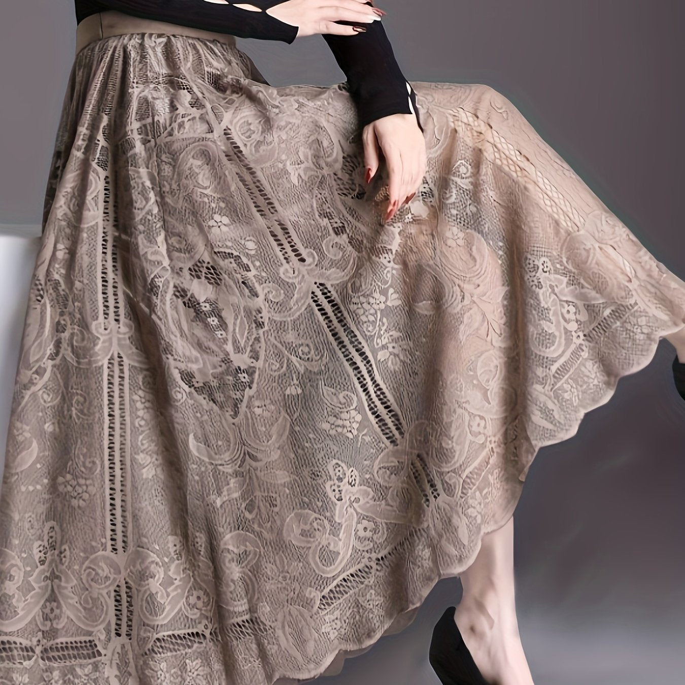Hollow Out Scallop Hem Lace Skirt, Casual Elastic Waist A-line Skirt, Women's Clothing