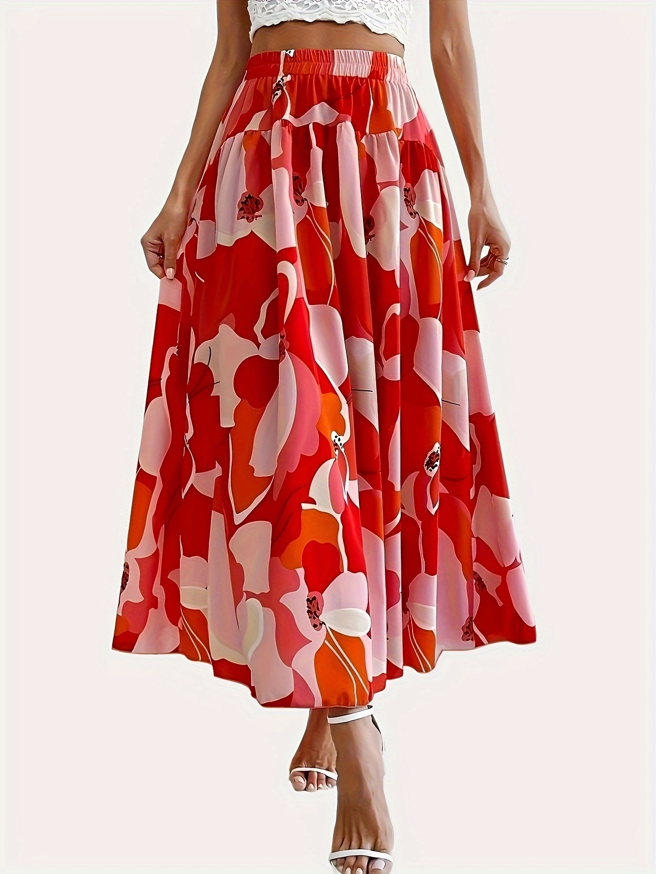 Plus Size Elegant Skirt, Women's Plus Floral Print Elastic High Rise Flowy Maxi Skirt