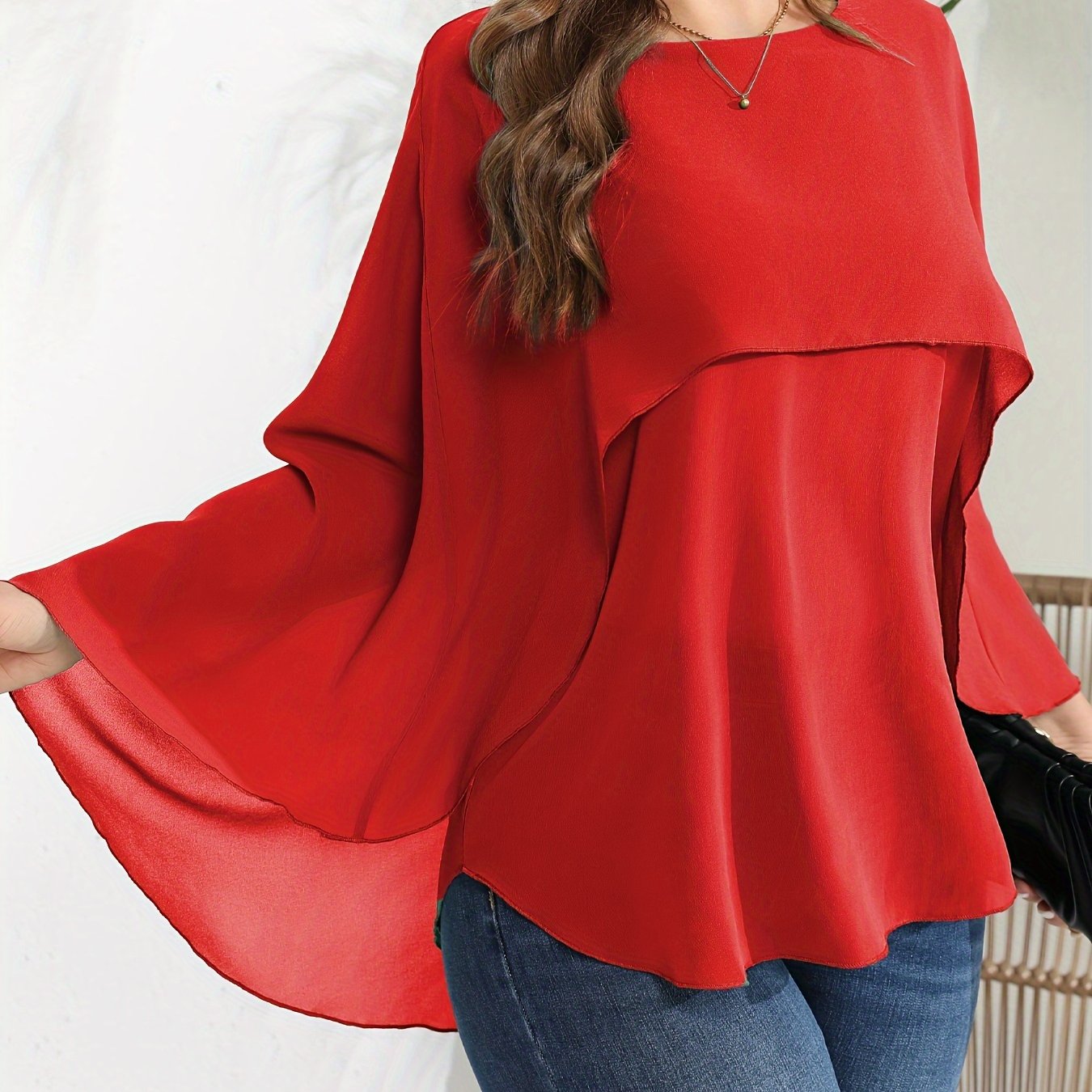 vlovelaw Plus Size Elegant Blouse, Women's Plus Solid Layered Mesh Batwing Sleeve Round Neck Shirt Top