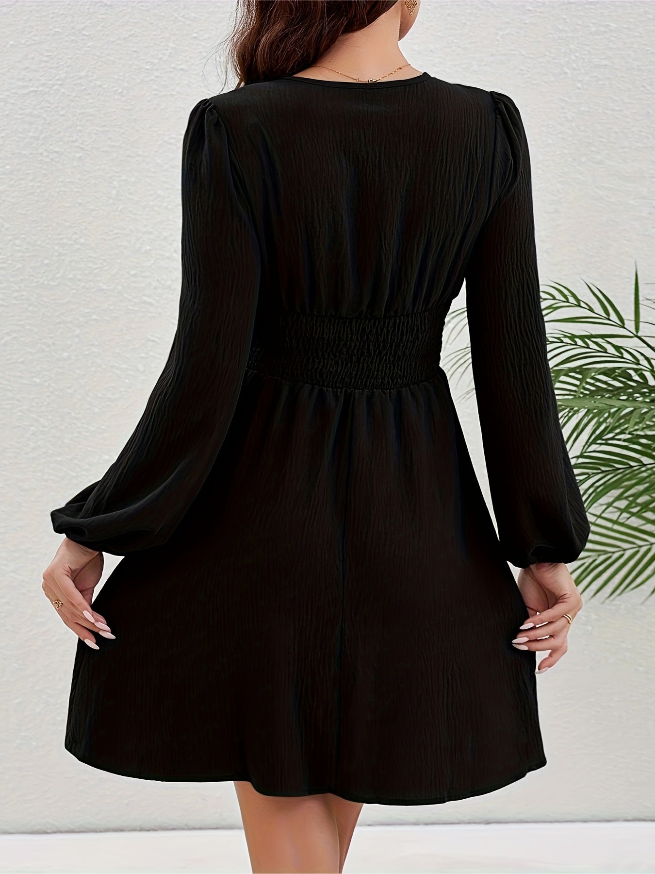 Ruched V Neck Dress, Elegant Lantern Long Sleeve Solid Dress, Women's Clothing